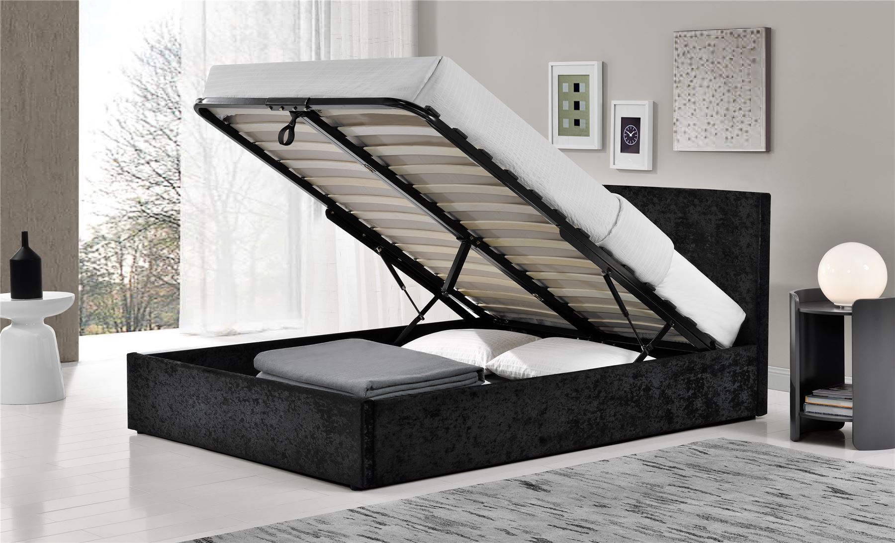 Berlin Black Crushed Velvet Ottoman Storage Bed small Double 4FT 120CM