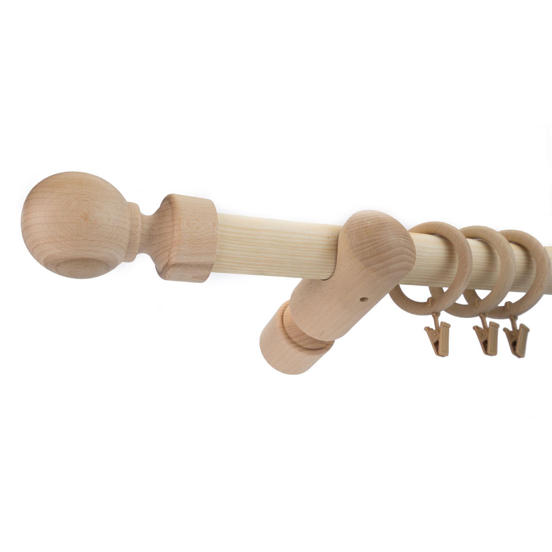 Wooden Single Curtain Pole SET 35 mm Natural wood Pole Rings Clips