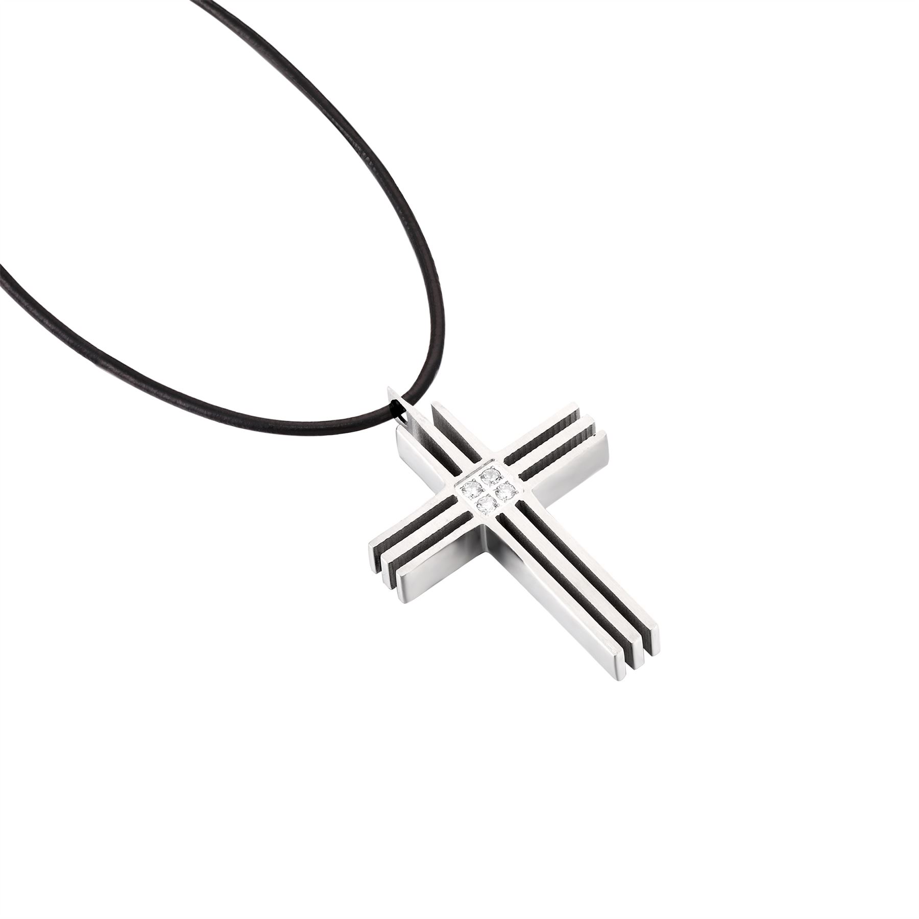 Stainless steel grooved cross pendant with CZ centre - Picture 14 of 25
