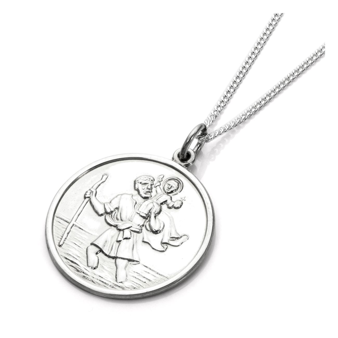 Sterling Silver Large Round St Christopher Necklace 16 18 20 22 ” Inches