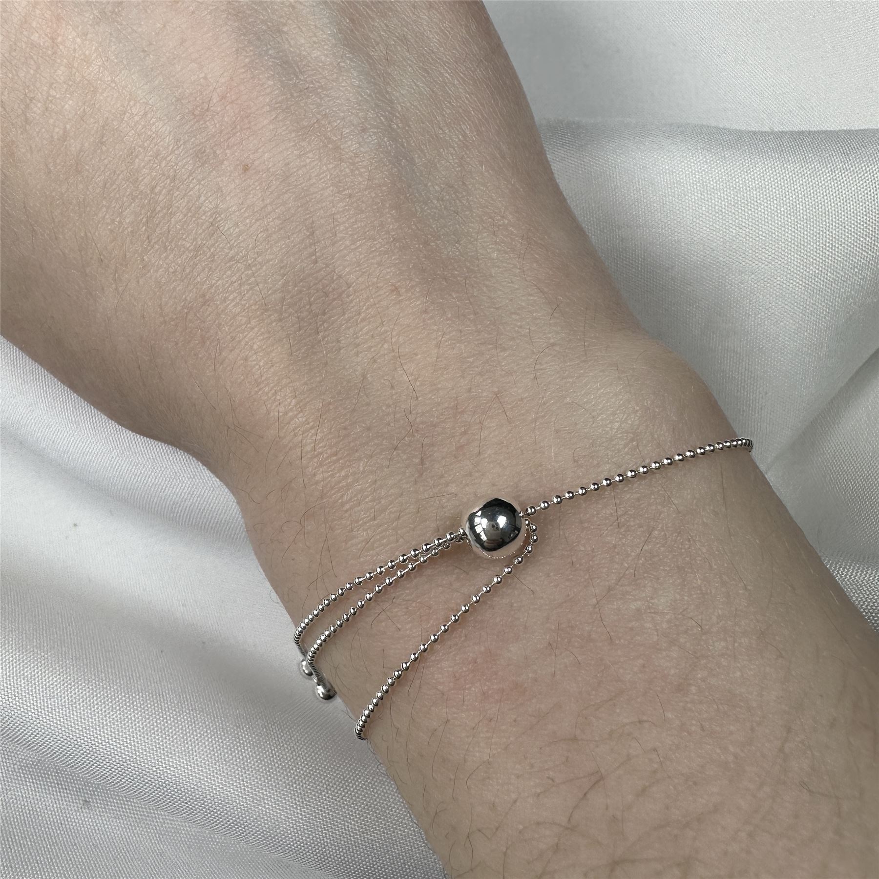 Sterling Silver Beaded Chain Slider Ball Clasp Adjustable Bracelet