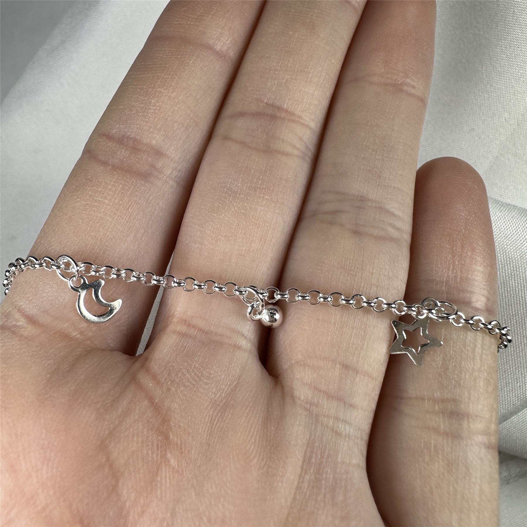 Sterling Silver Moon & Star Outline Ball Drop Adjustable Anklet