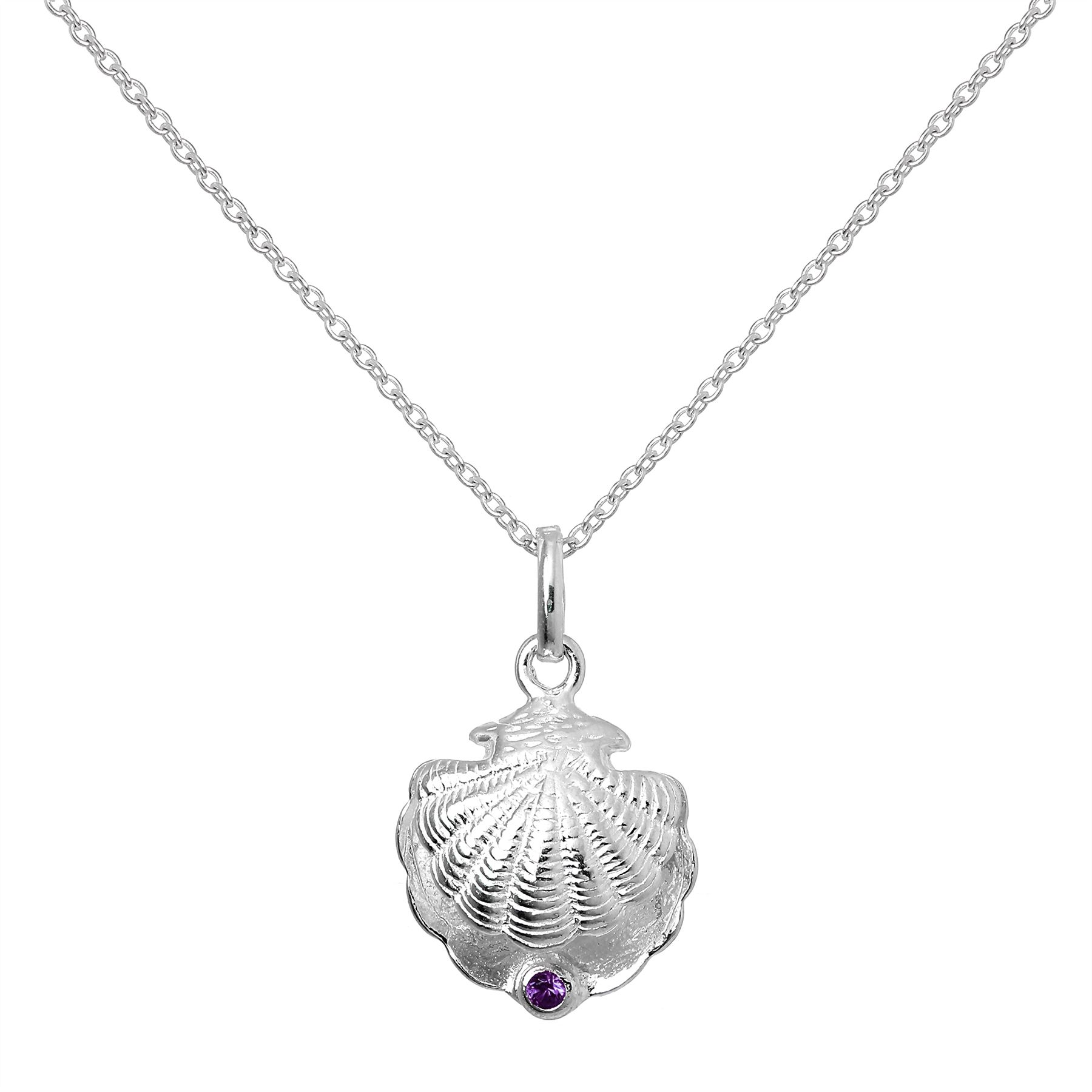 Sterling Silver Oyster Shell & Purple CZ Birthstone Necklace 16 - 22 Inches - Picture 7 of 15