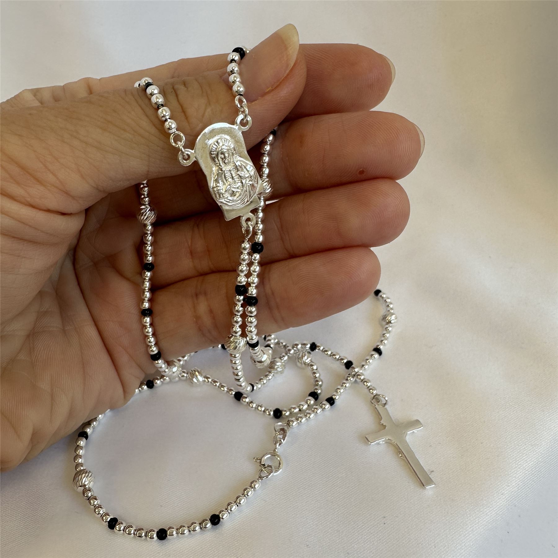 Sterling Silver Rosary Beads 23 Inch Box Chain Necklace with Clasp Catholic