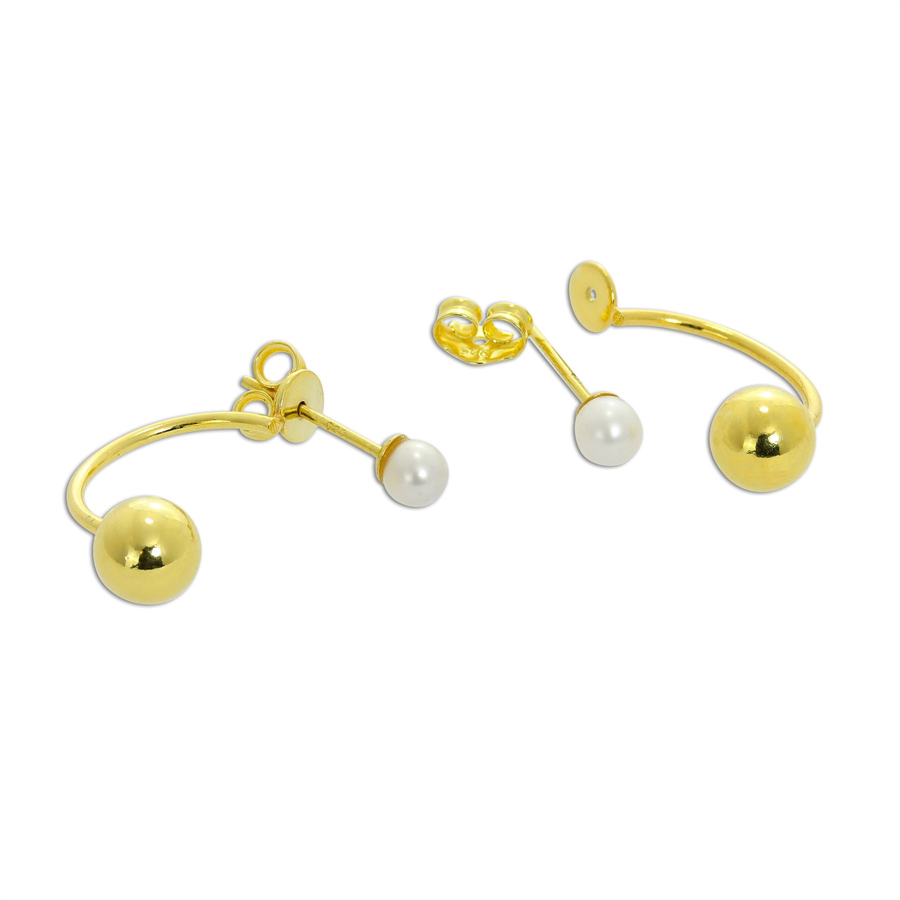 Gold Plated 925 Real Sterling Silver Pearl Half Hoop & Ball Stud Earrings