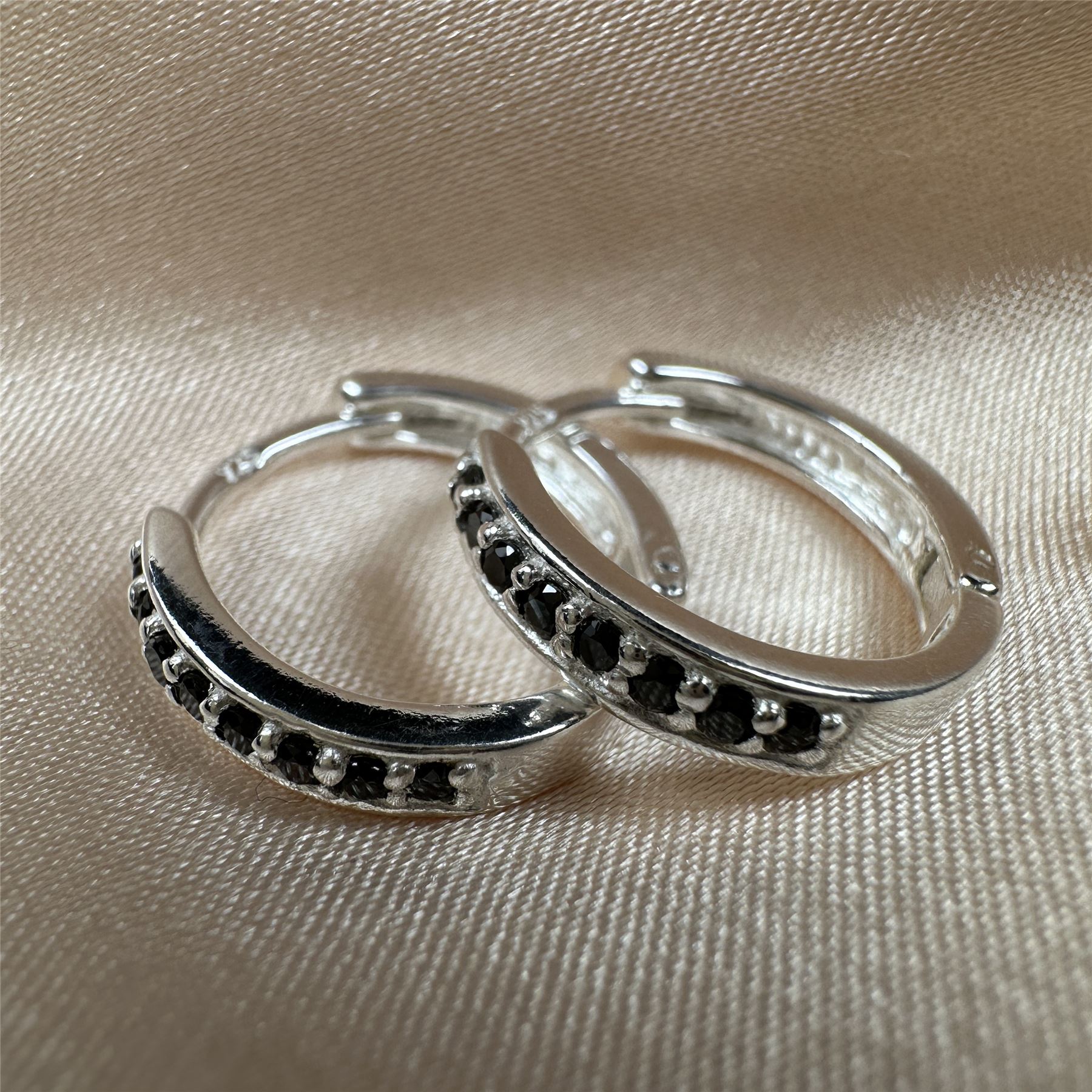 Sterling Silver Black CZ Pave Huggie 15mm Hoop Earrings