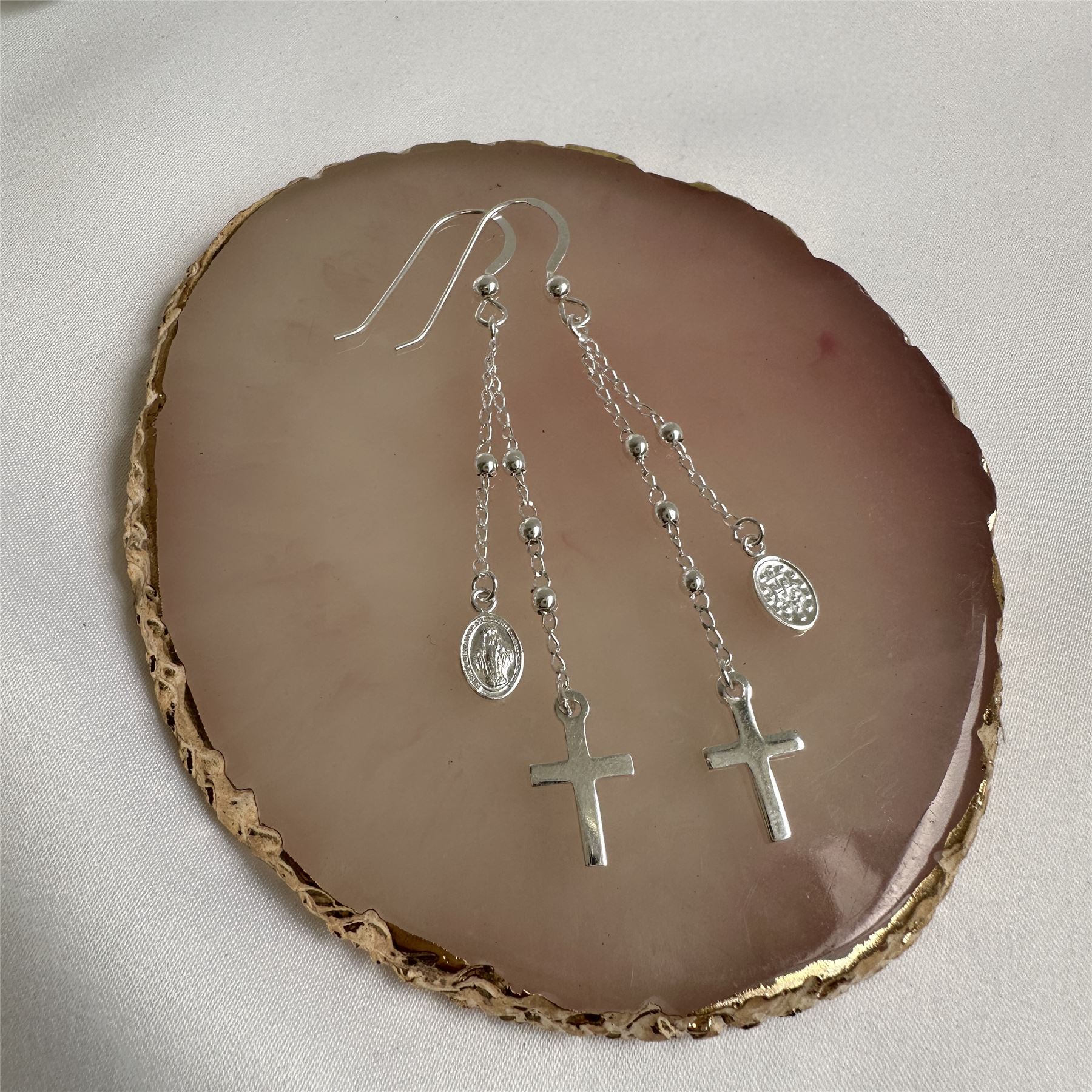 Sterling Silver Cross & Miraculous Medal Dangle Drop Earrings Faith