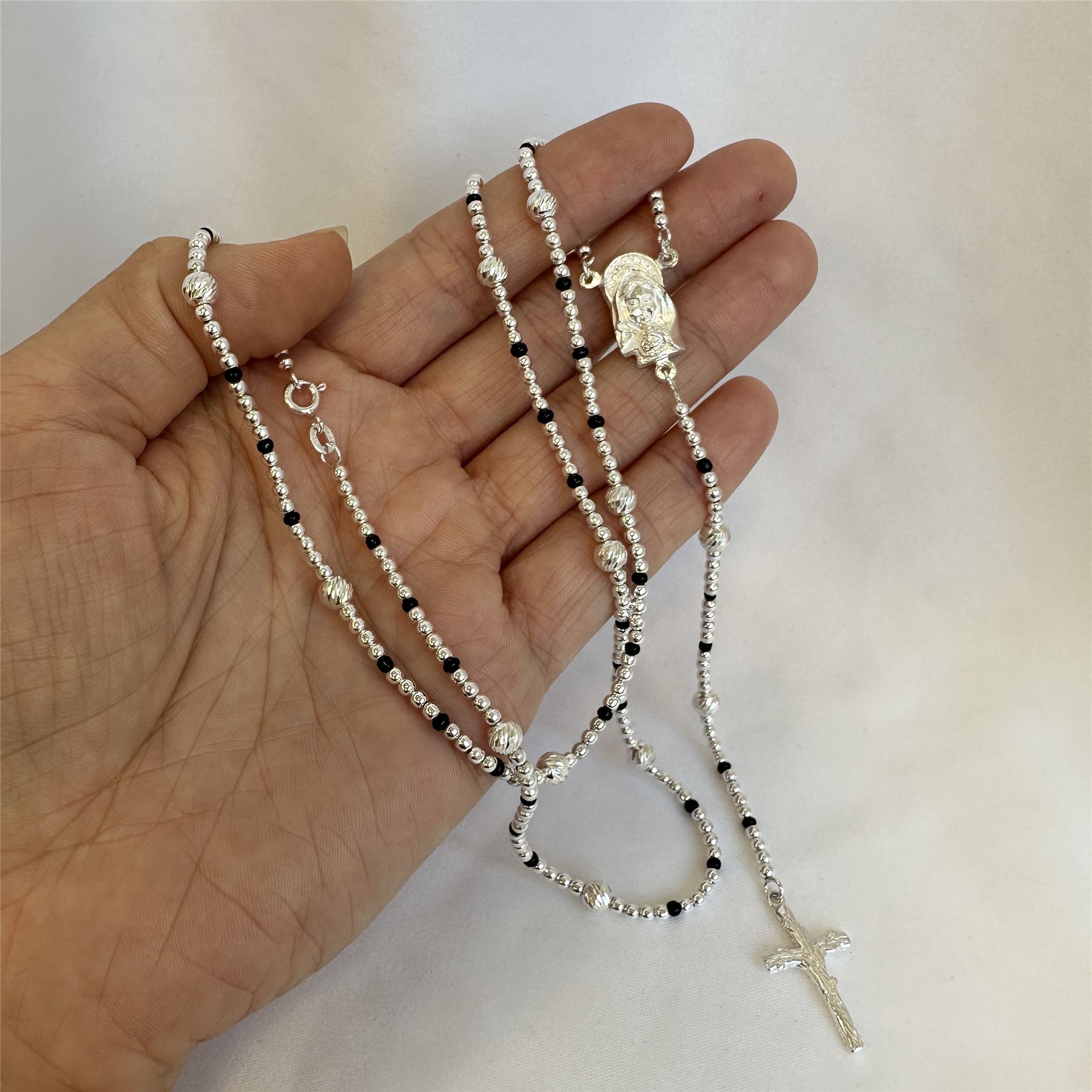 Sterling Silver Rosary Beads 23 Inch Box Chain Necklace with Clasp Catholic