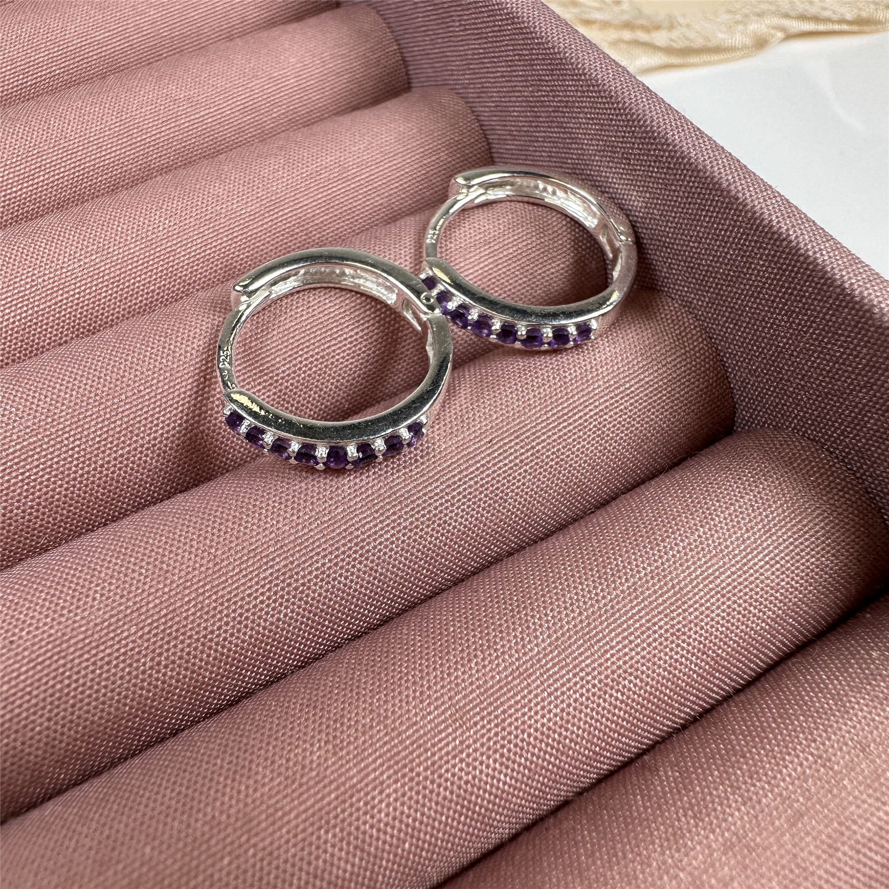 Sterling Silver Amethyst CZ Pave 15mm Huggie Hoop Earrings