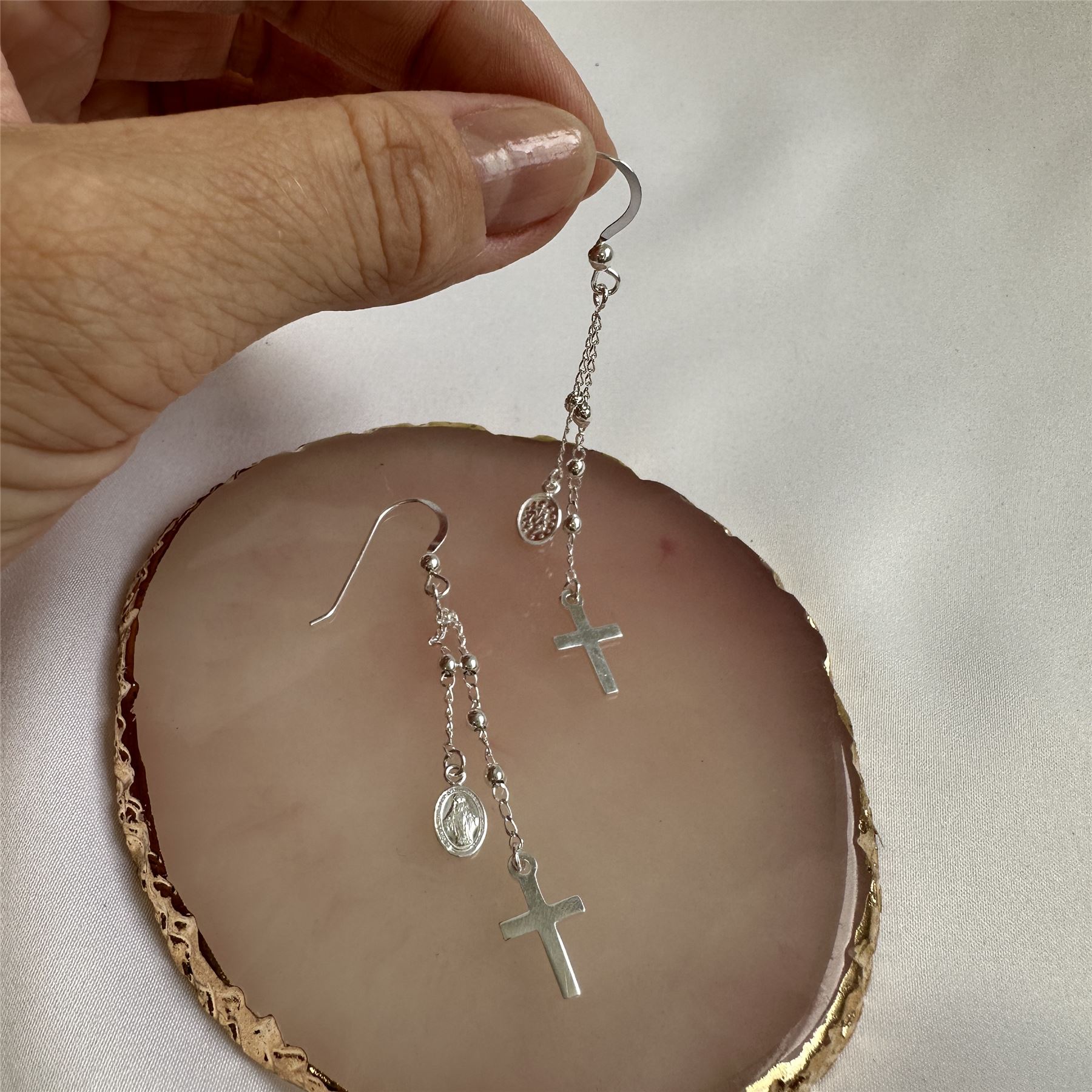 Sterling Silver Cross & Miraculous Medal Dangle Drop Earrings Faith