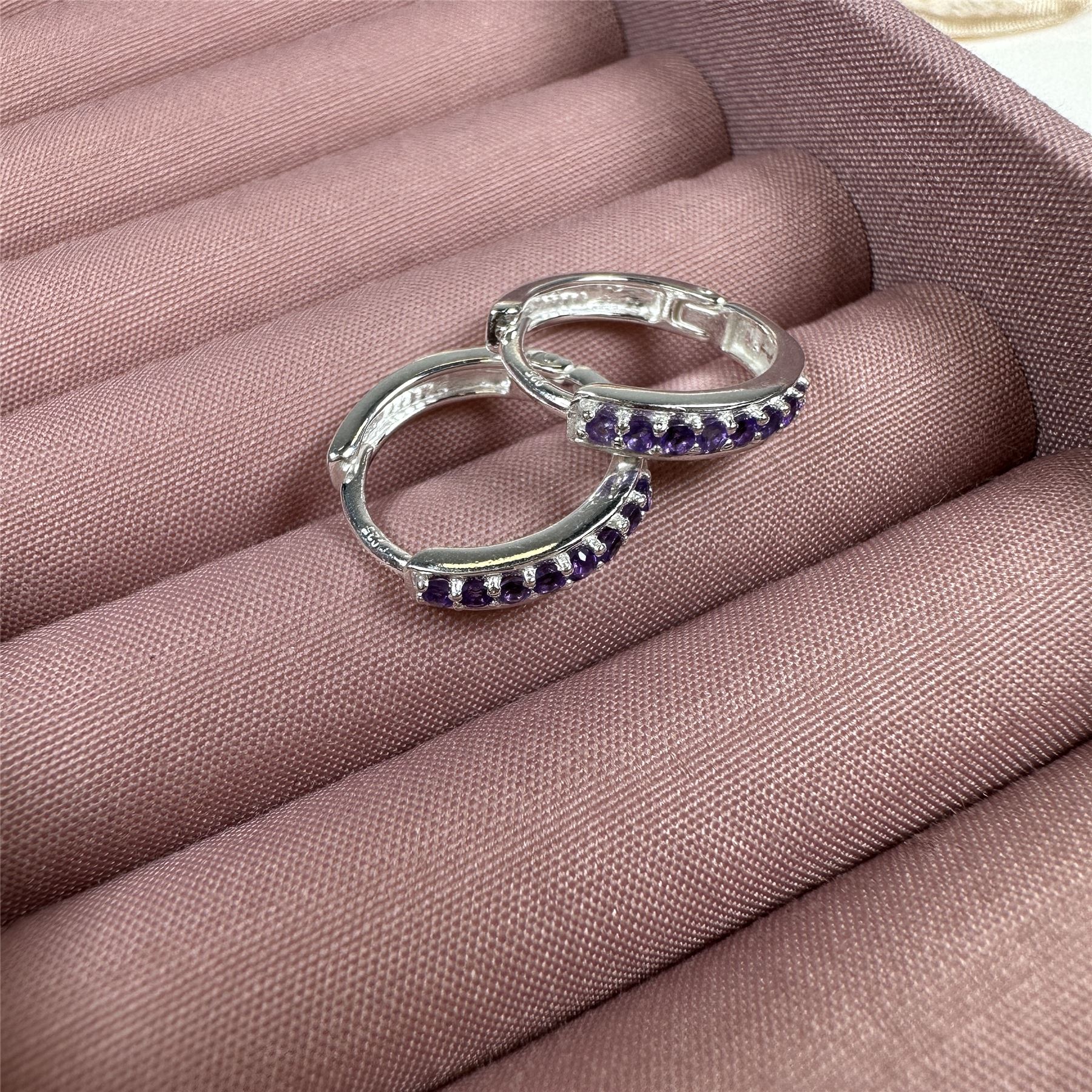 Sterling Silver Amethyst CZ Pave 15mm Huggie Hoop Earrings