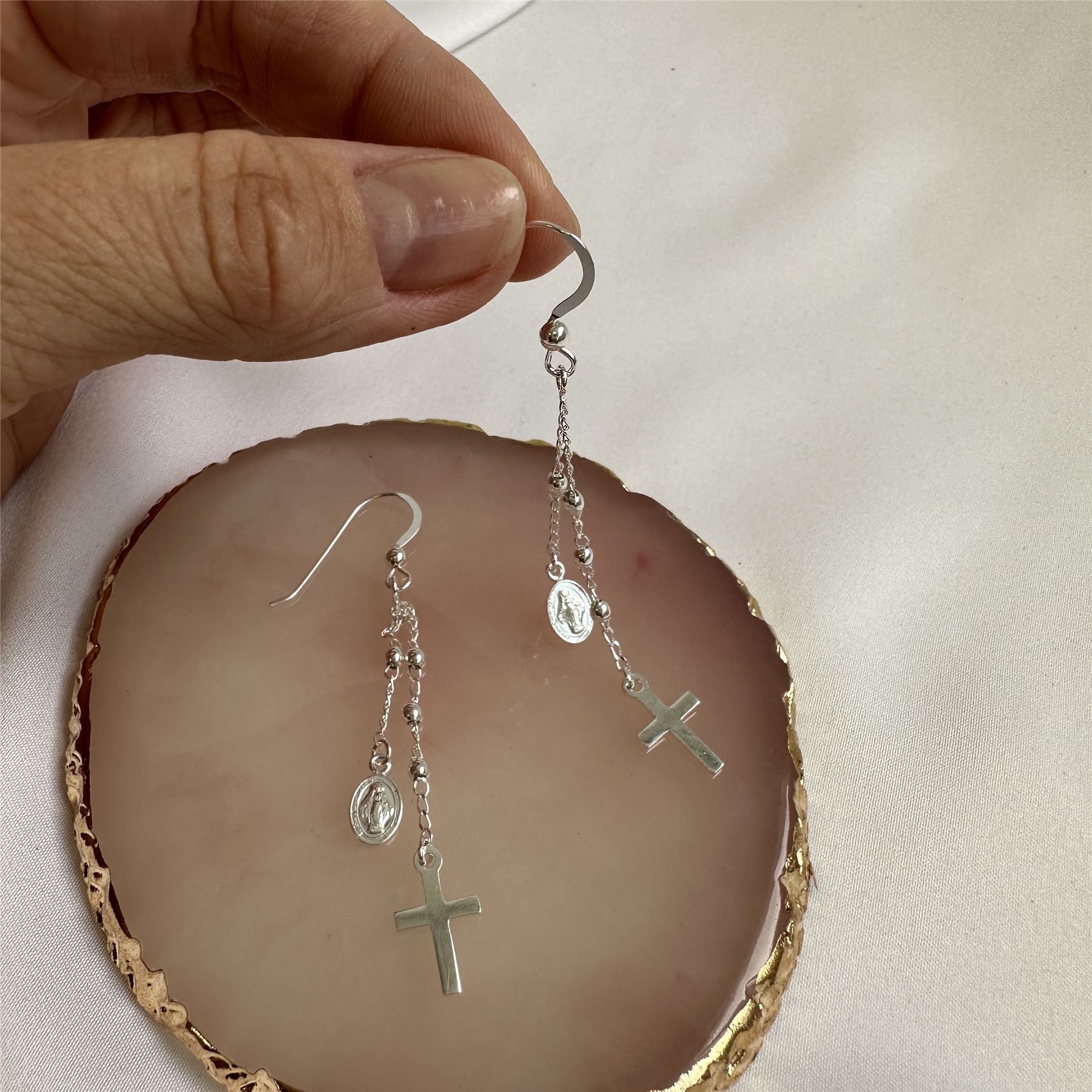 Sterling Silver Cross & Miraculous Medal Dangle Drop Earrings Faith