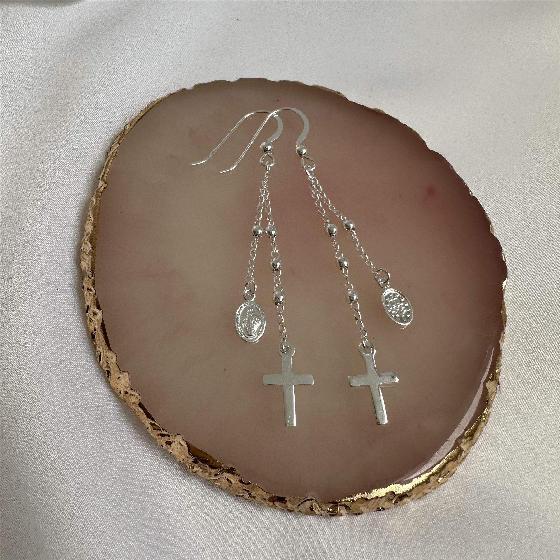 Sterling Silver Cross & Miraculous Medal Dangle Drop Earrings Faith