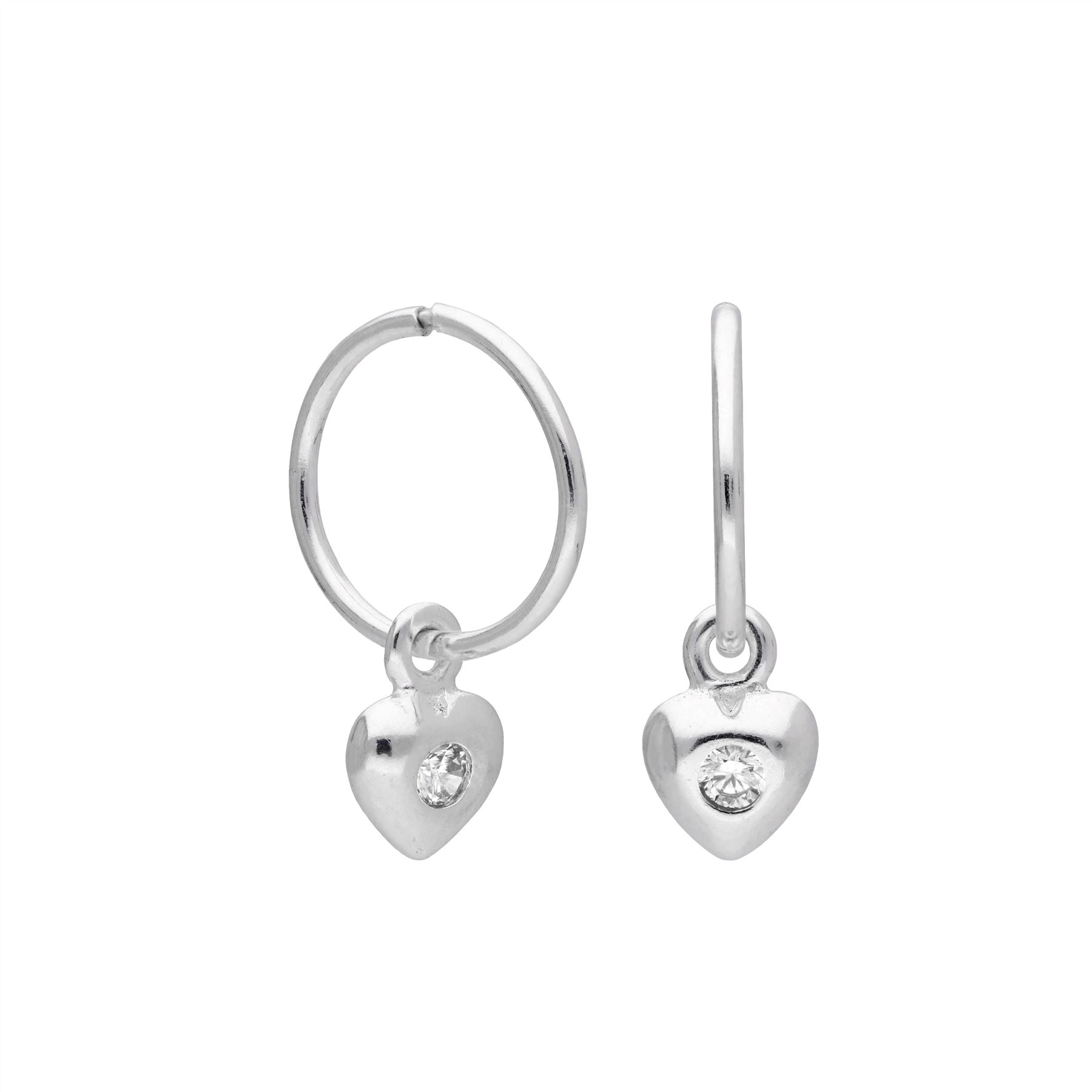 Sterling Silver CZ Crystal Heart 10mm Sleeper Hoop Earrings