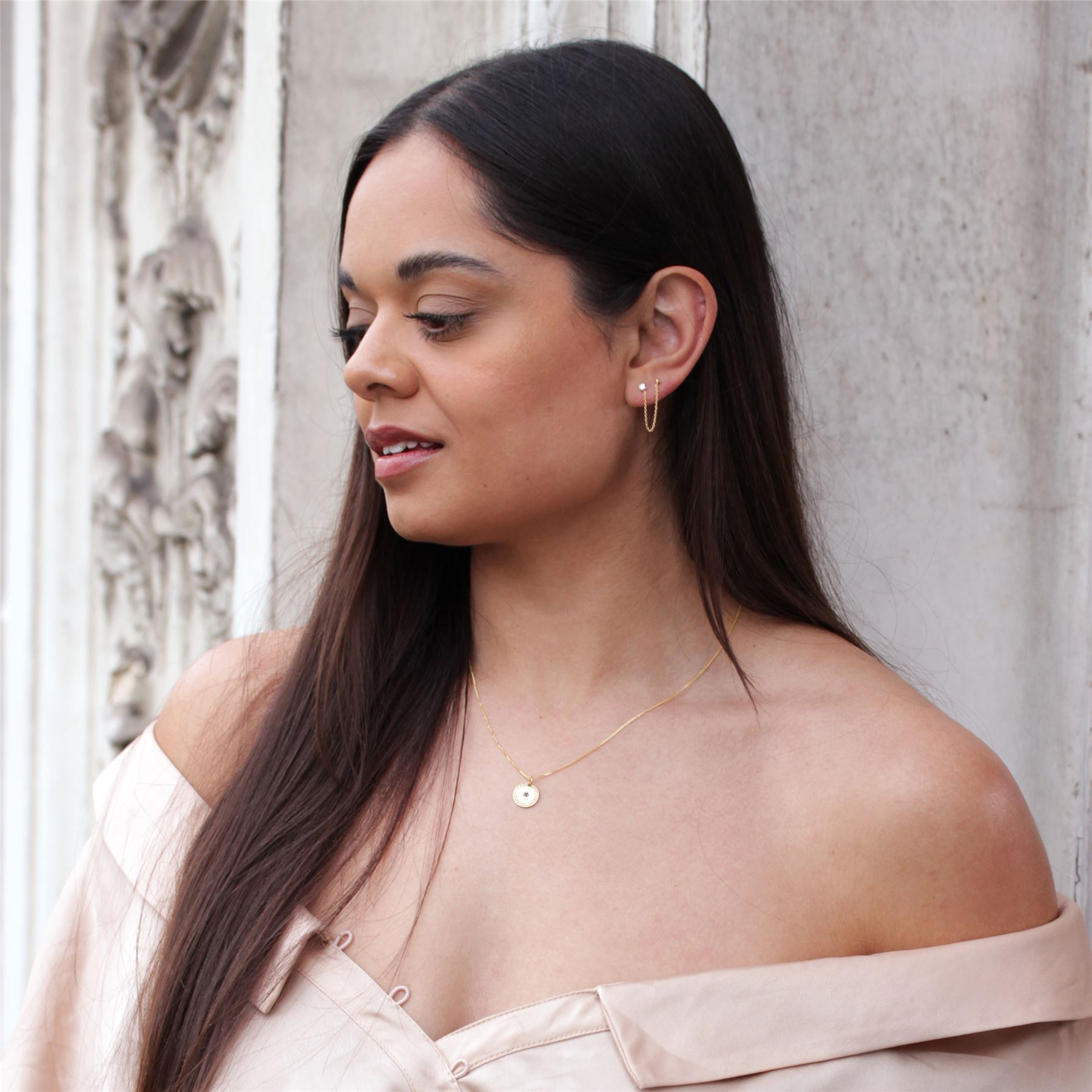 Gold Plated Sterling Silver Ball CZ Chain Double Stud Earring