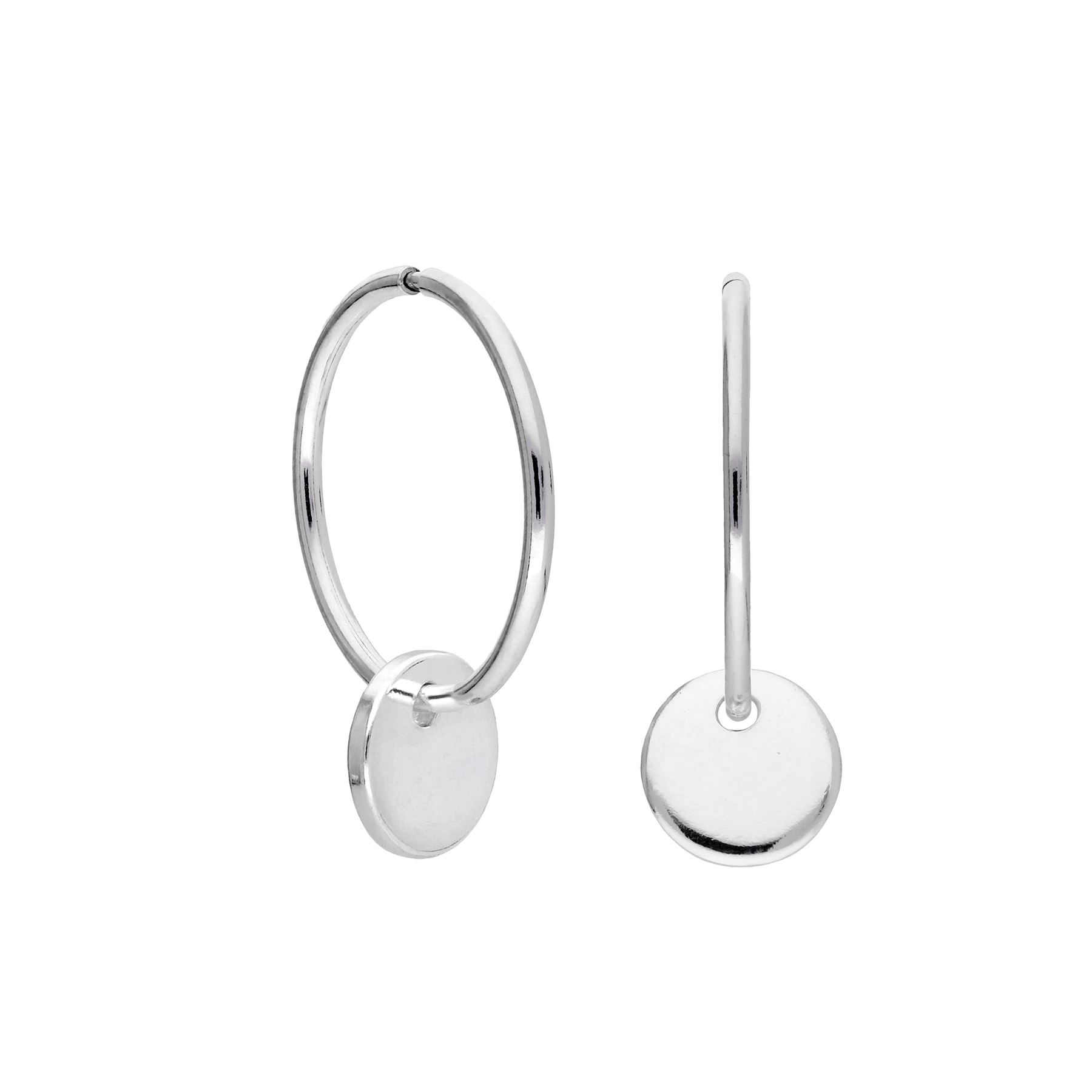 Sterling Silver Round Disc Charm Hoop Earrings 10 - 22mm