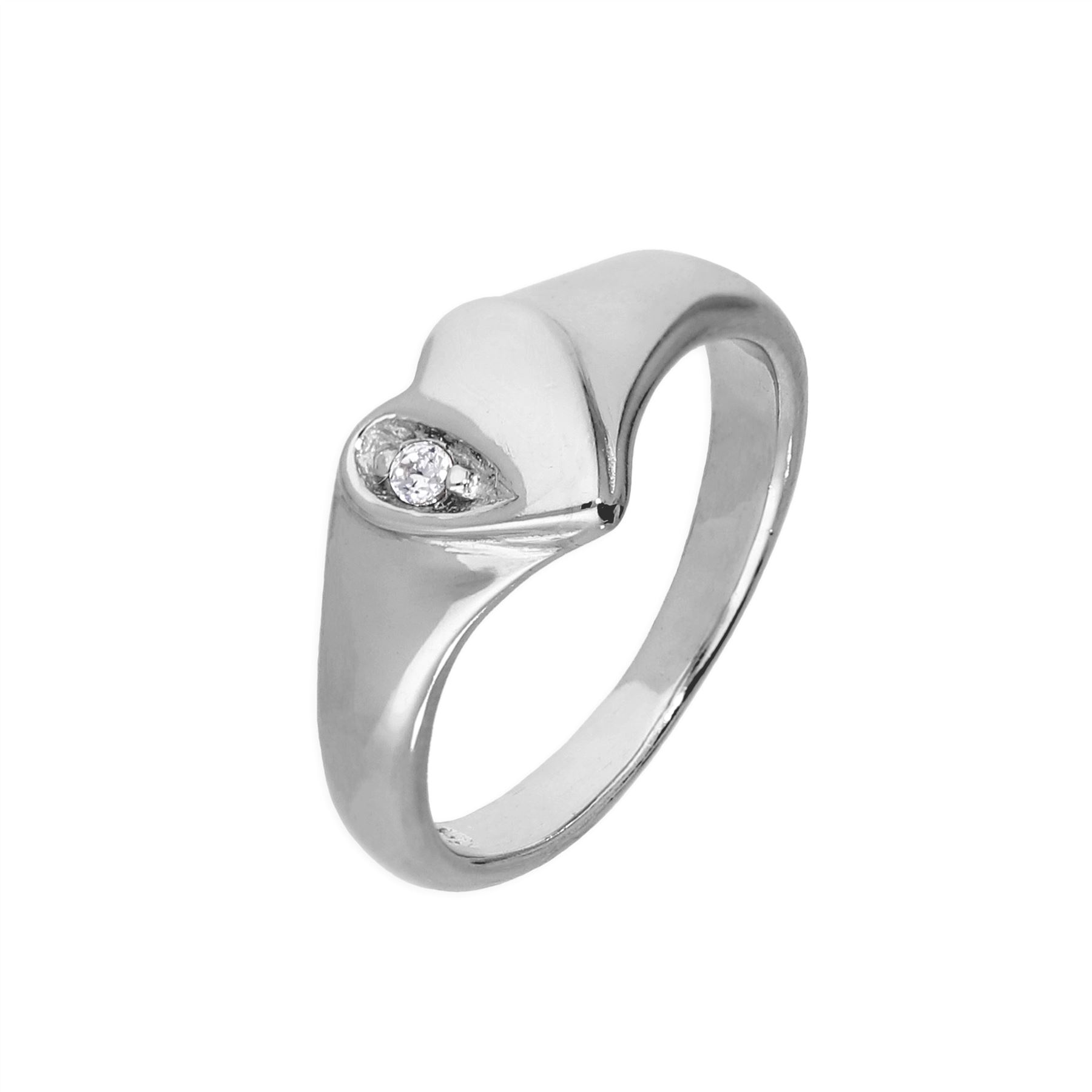 Sterling Silver & Clear CZ Crystal Engraved Heart Childs Signet Ring Size A – H