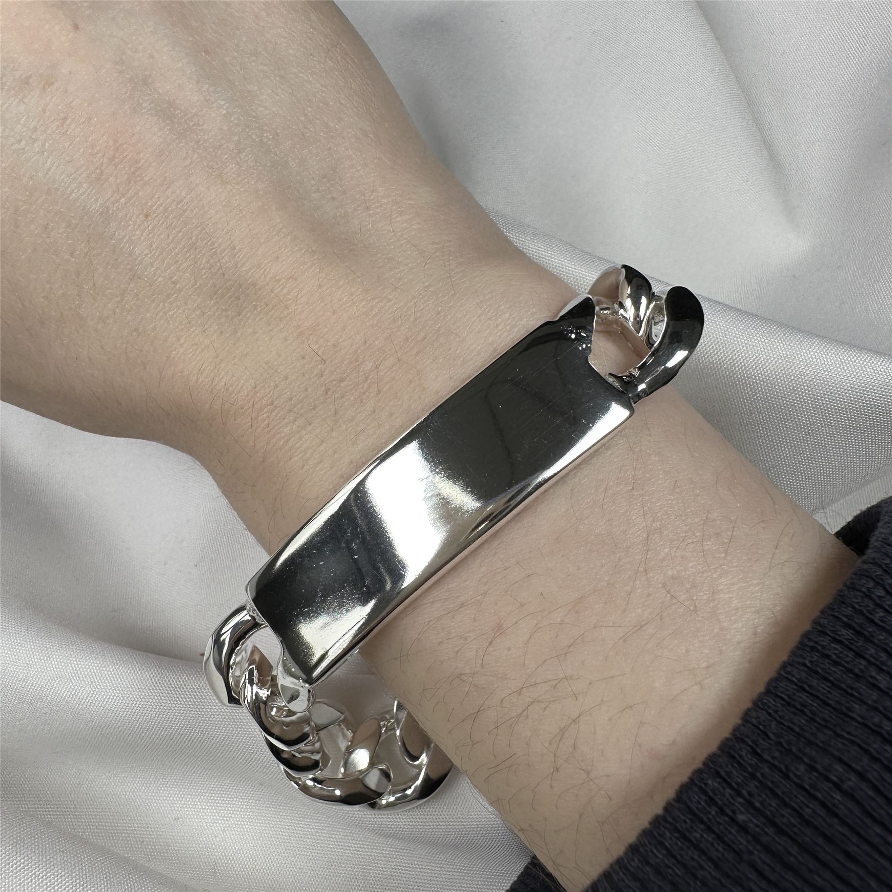 【20/80】STERLING SILVER ID BRACELET Sterling Silver Thick Heavy 15mm Curb Mens 8 Inch ID Bracelet
