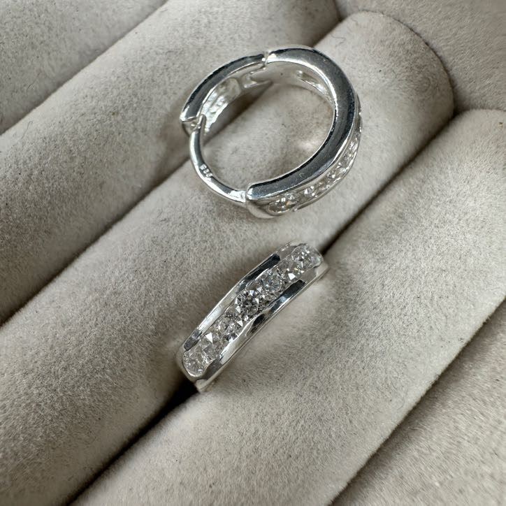 Sterling Silver CZ Channel Set Huggie 14mm Hoop Earrings