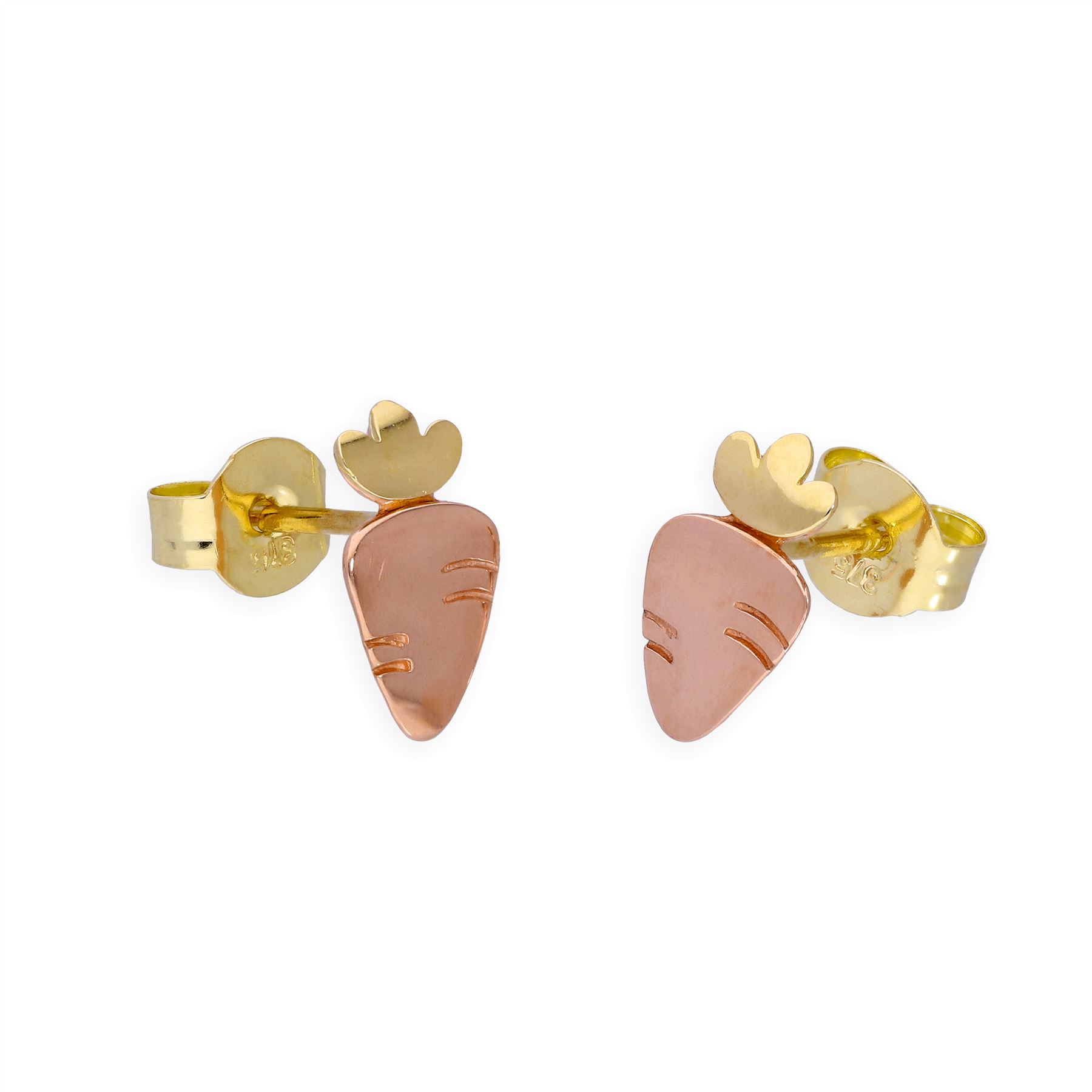 9ct Rose & Yellow Gold Carrot Stud Earrings Bunny Rabbit Veg Vegetable