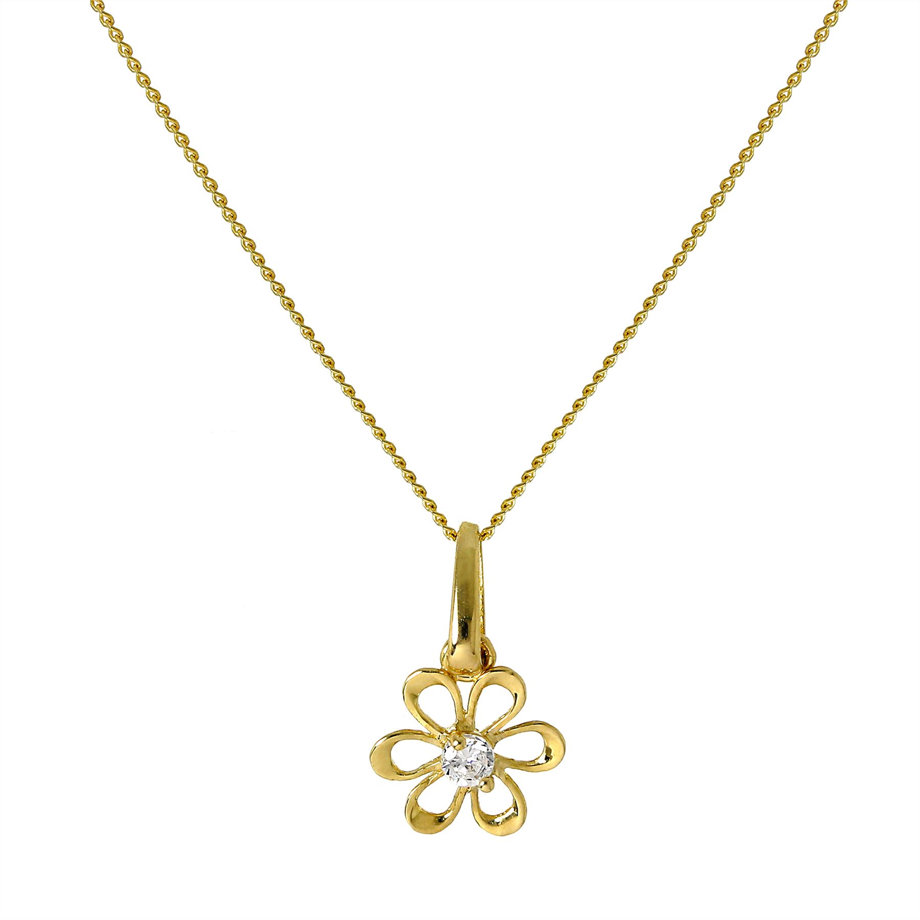 9ct Gold Cut Out Flower Pendant w CZ Crystal on Chain 16 18 20 ” Inches Necklace