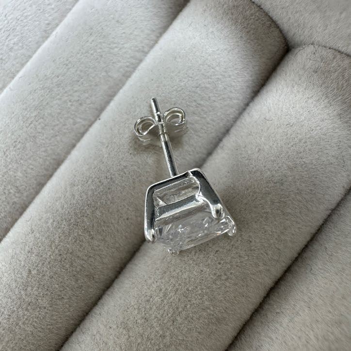 Sterling Silver Square CZ Crystal Mens Ear Stud / Single / Clear Black / 4-10mm - Picture 15 of 28