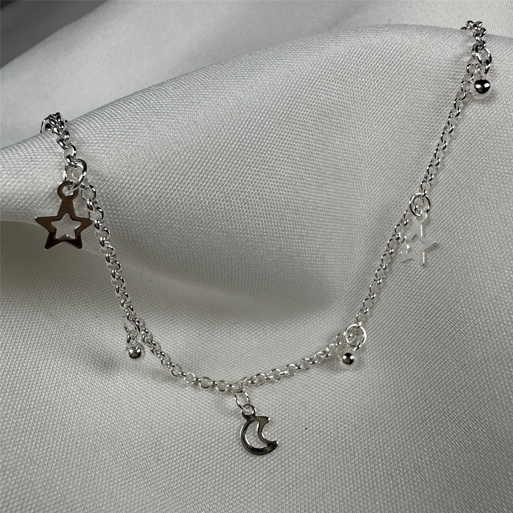 Sterling Silver Moon & Star Outline Ball Drop Adjustable Anklet