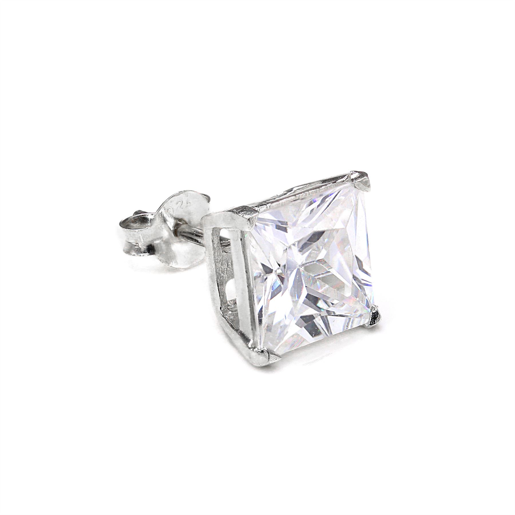 Sterling Silver Square CZ Crystal Mens Ear Stud / Single / Clear Black / 4-10mm - Picture 18 of 28