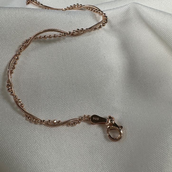 Rose Gold Plated Sterling Silver Snake & Bead Twisted Anklet