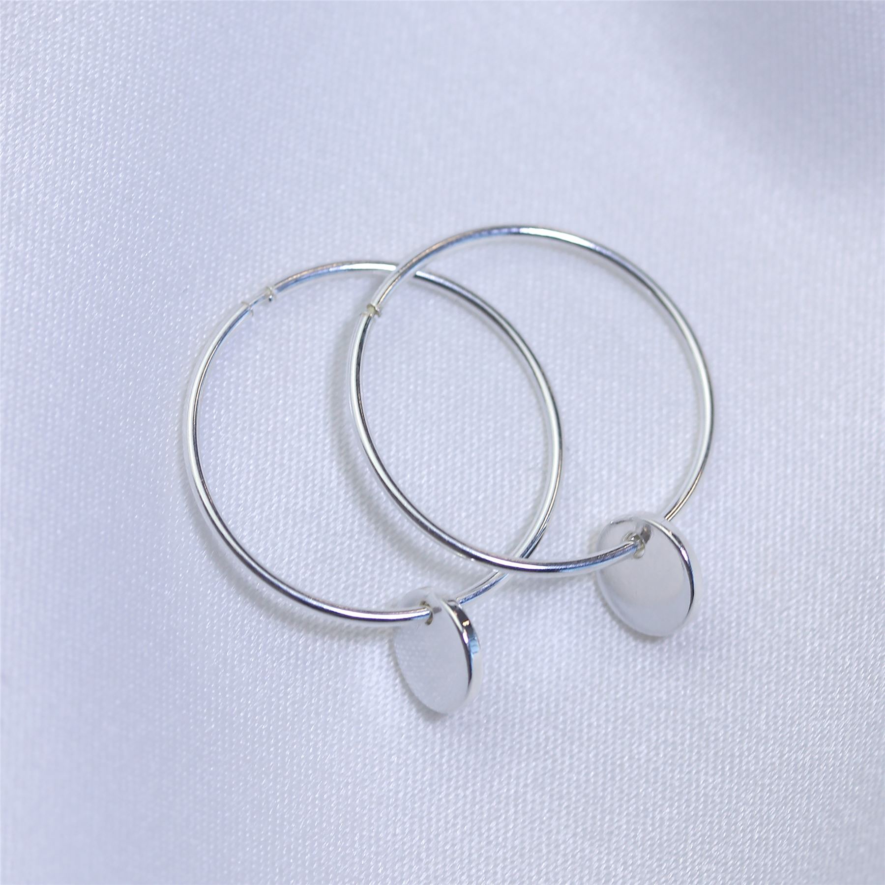 Sterling Silver Round Disc Charm Hoop Earrings 10 - 22mm