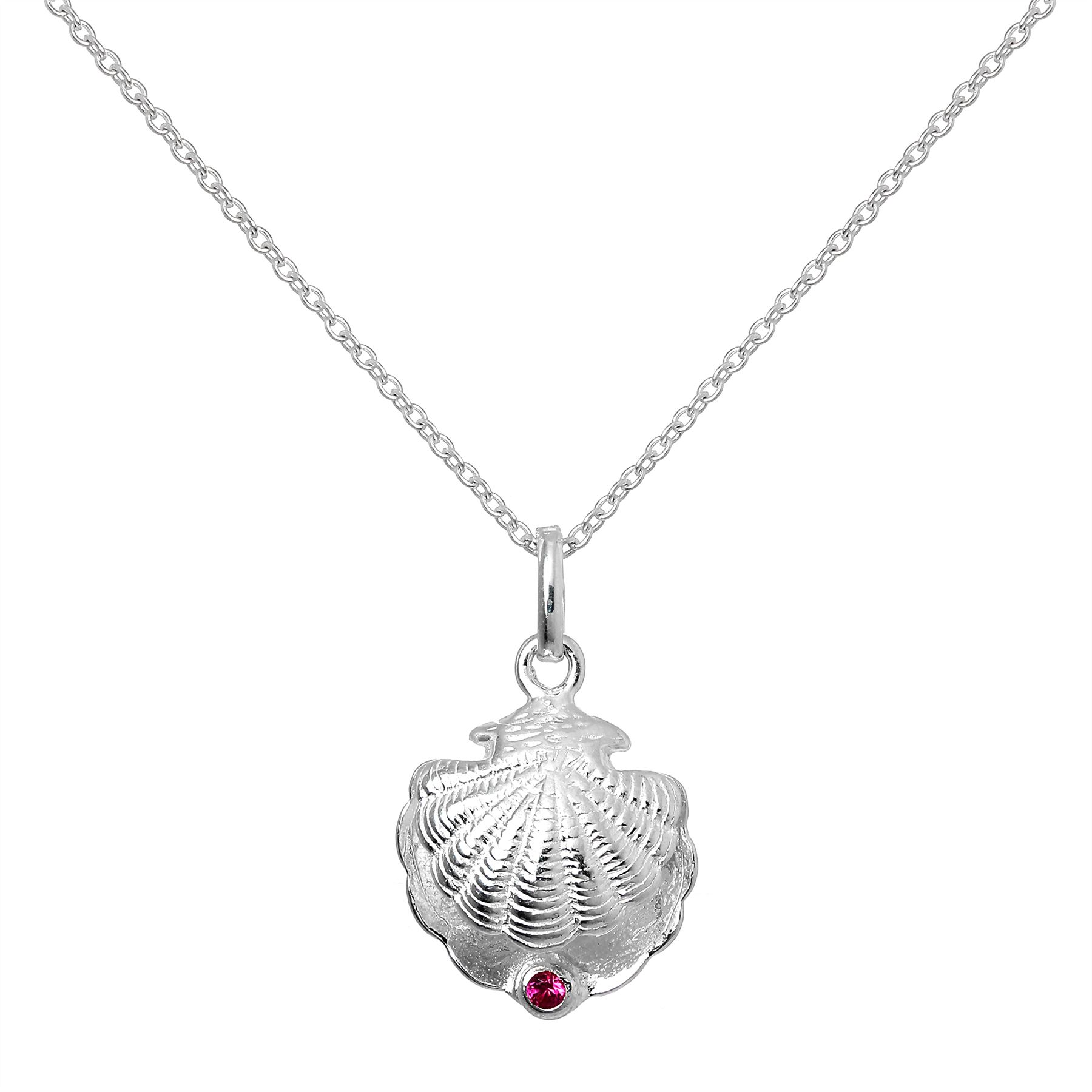Sterling Silver Oyster Shell & CZ Crystal Ruby Birthstone Necklace 16-22 Inches - Picture 13 of 15