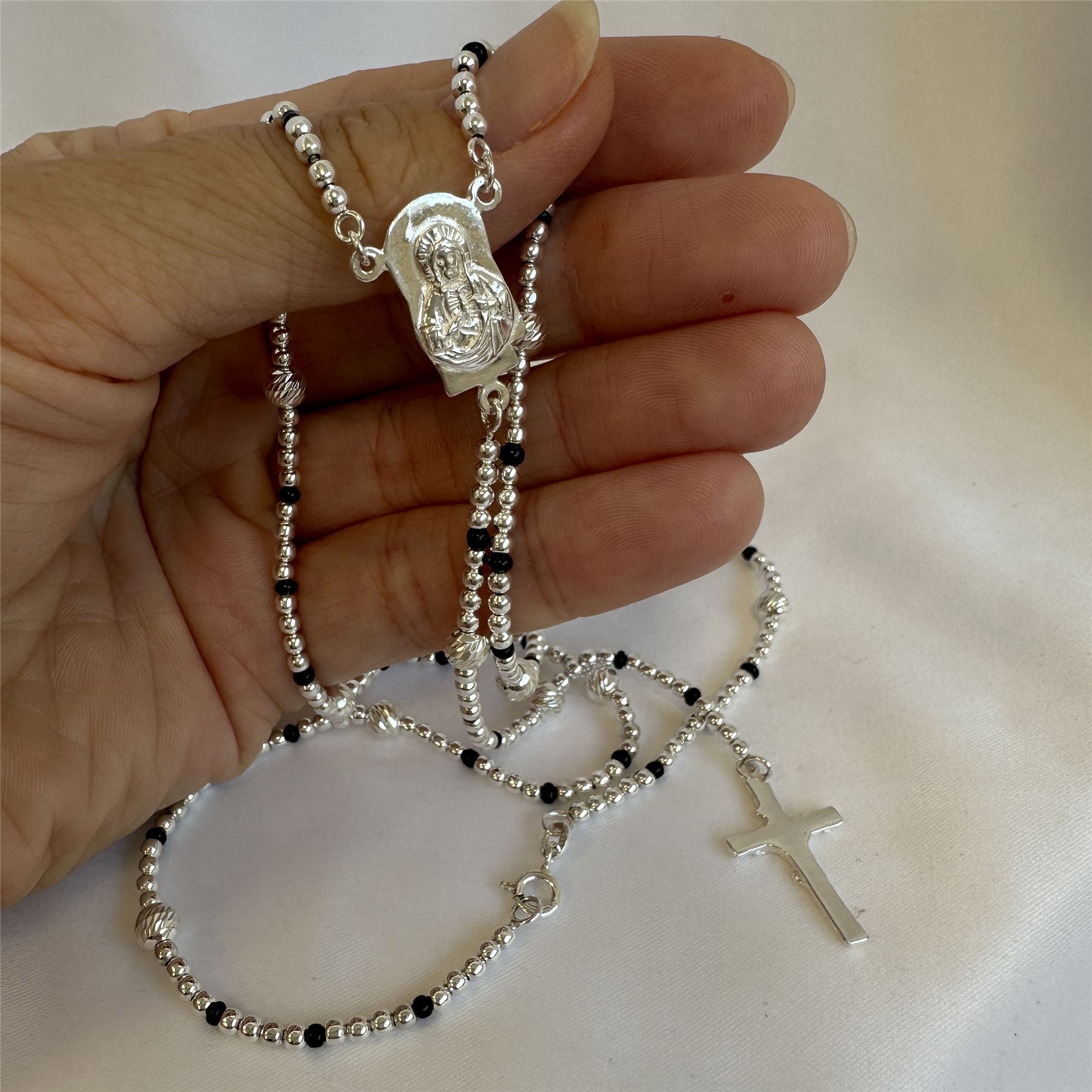 Sterling Silver Rosary Beads 23 Inch Box Chain Necklace with Clasp Catholic