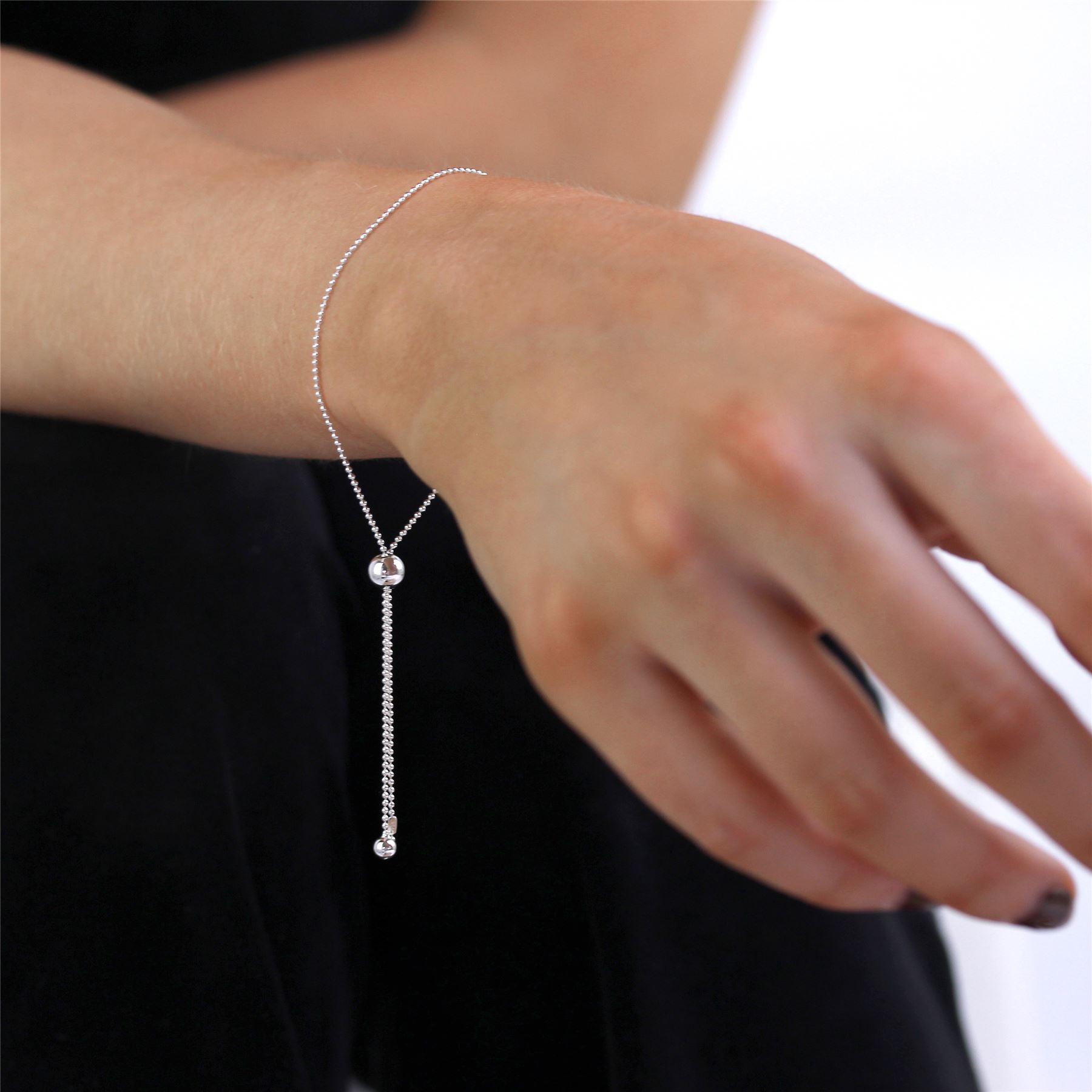 Sterling Silver Beaded Chain Slider Ball Clasp Adjustable Bracelet