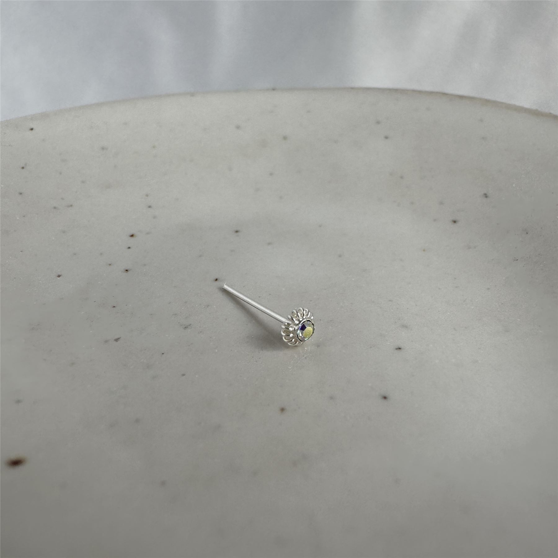 Sterling Silver 2mm Aurora Borealis CZ Coiled Flower 22Ga Nose Stud