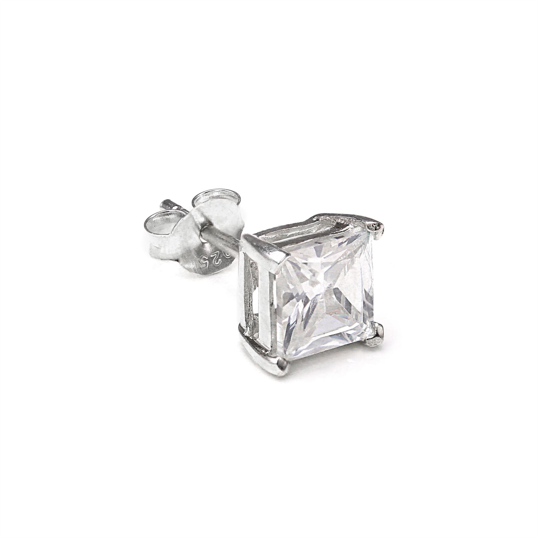 Sterling Silver Square CZ Crystal Mens Ear Stud / Single / Clear Black / 4-10mm - Picture 9 of 28
