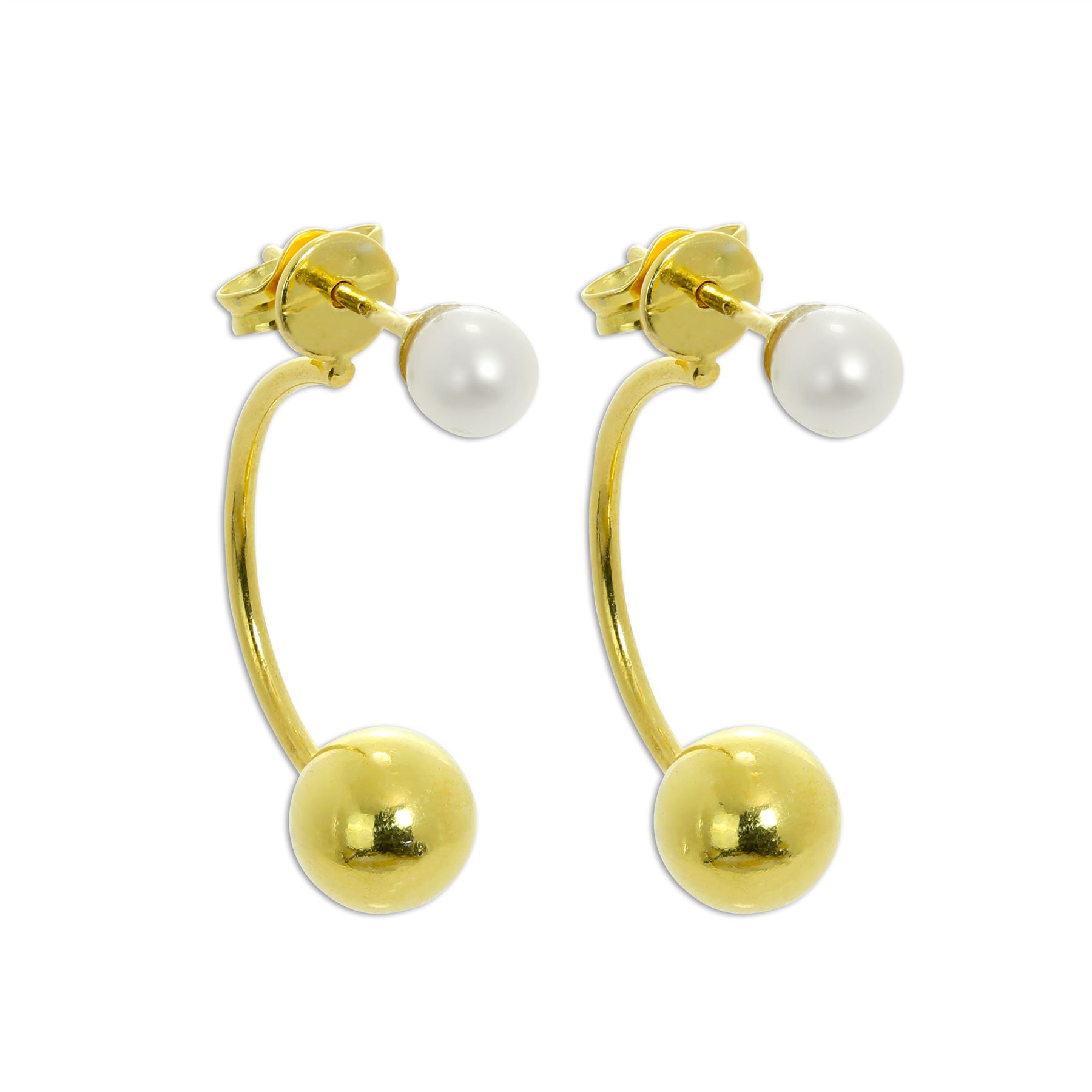 Gold Plated 925 Real Sterling Silver Pearl Half Hoop & Ball Stud Earrings