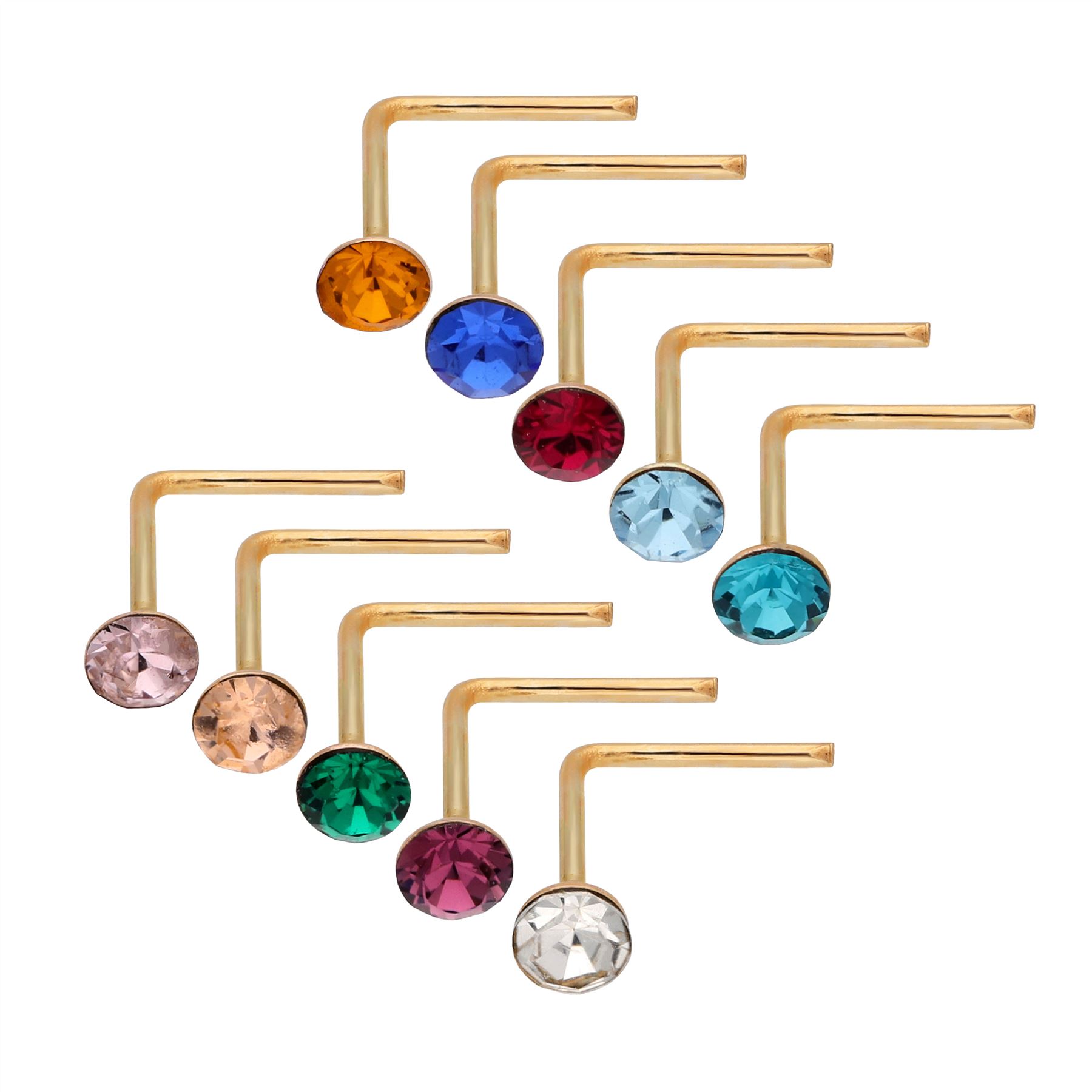 9ct Yellow Gold 2mm Round Crystal Nose Stud L Pin - 17 Coloured Studs - Picture 24 of 37