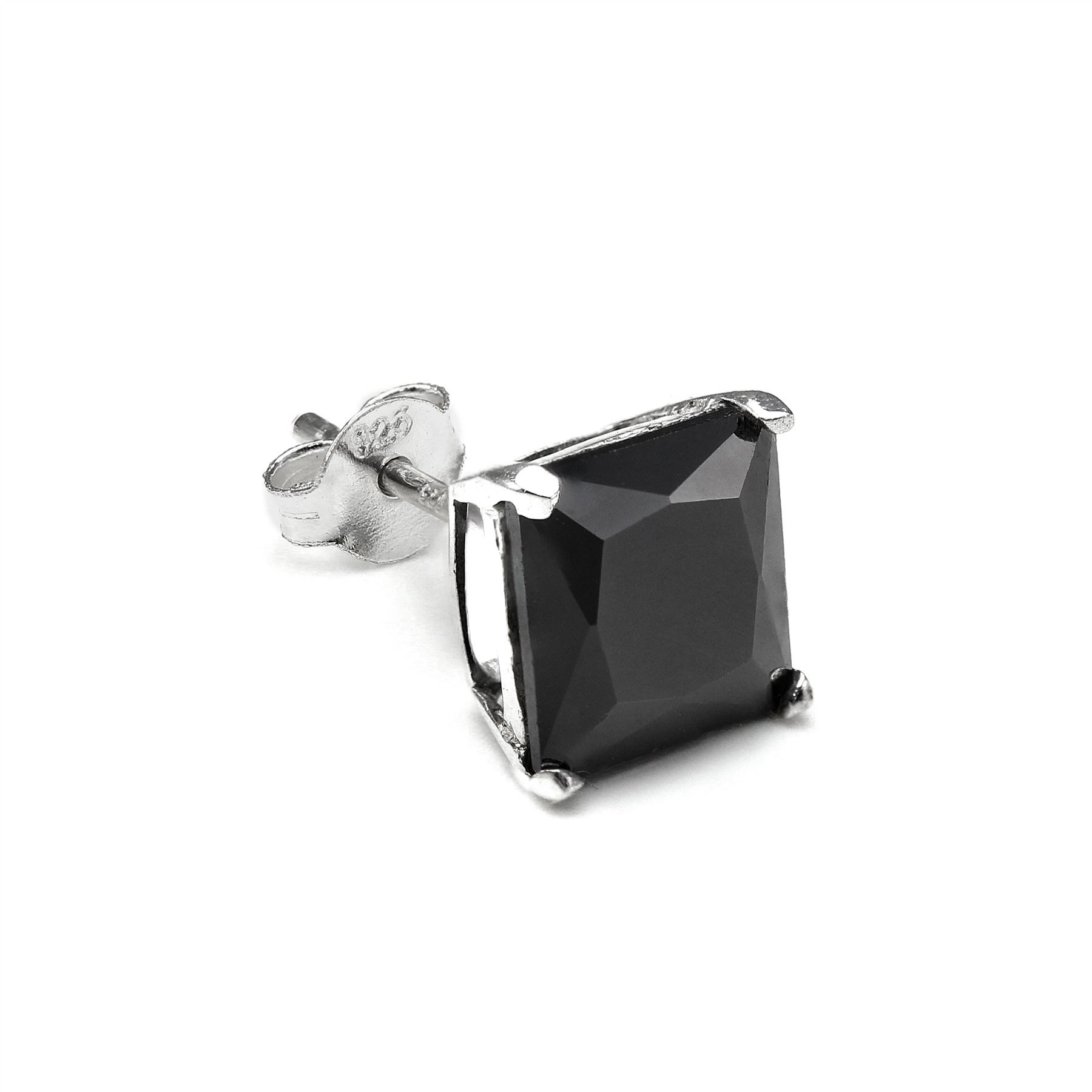 Sterling Silver Square CZ Crystal Mens Ear Stud / Single / Clear Black / 4-10mm - Picture 24 of 28