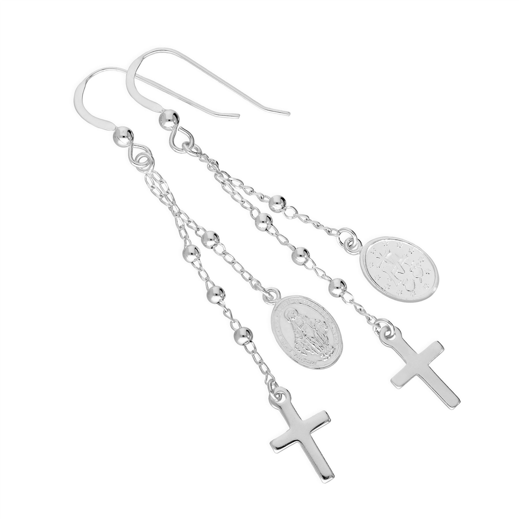 Sterling Silver Cross & Miraculous Medal Dangle Drop Earrings Faith
