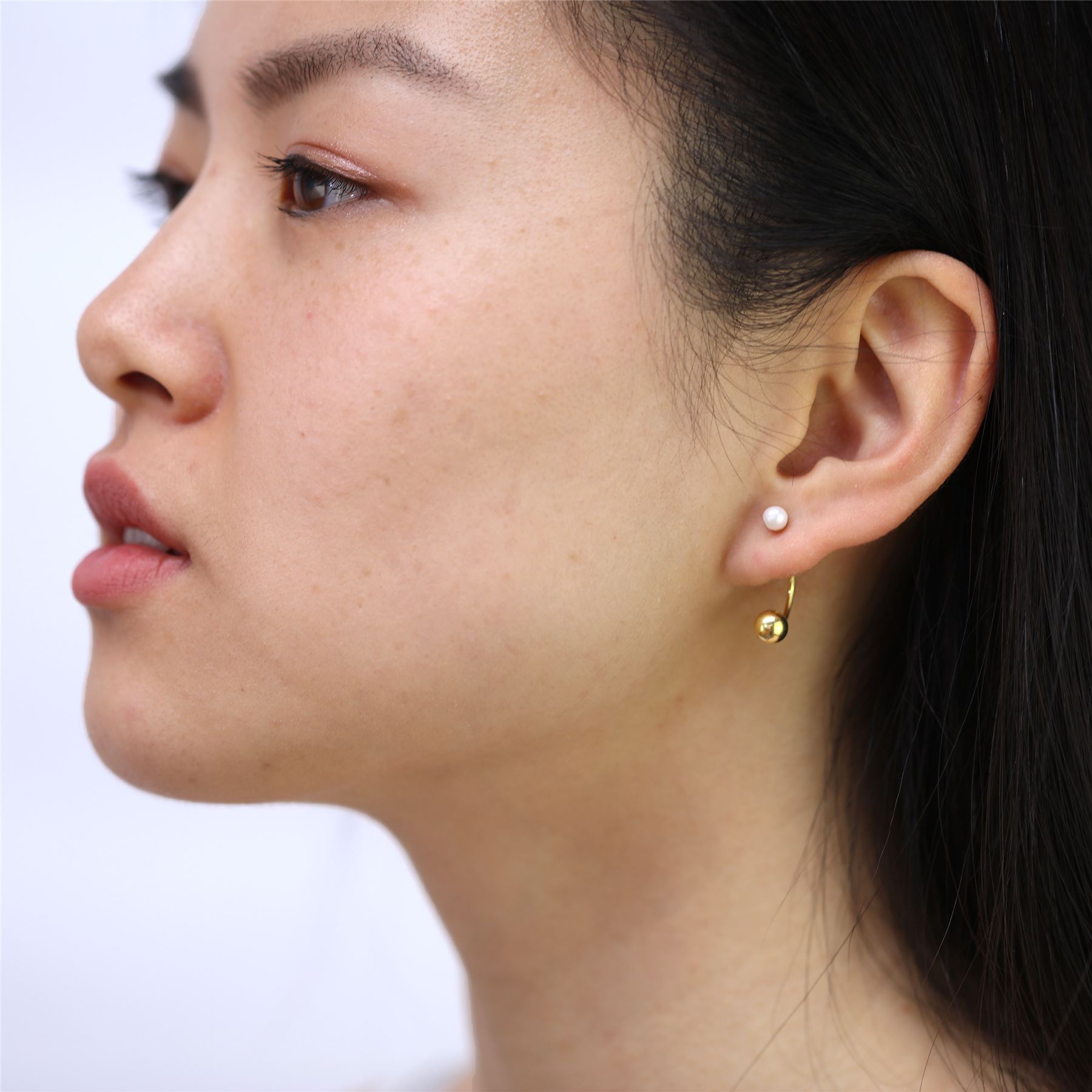 Gold Plated 925 Real Sterling Silver Pearl Half Hoop & Ball Stud Earrings