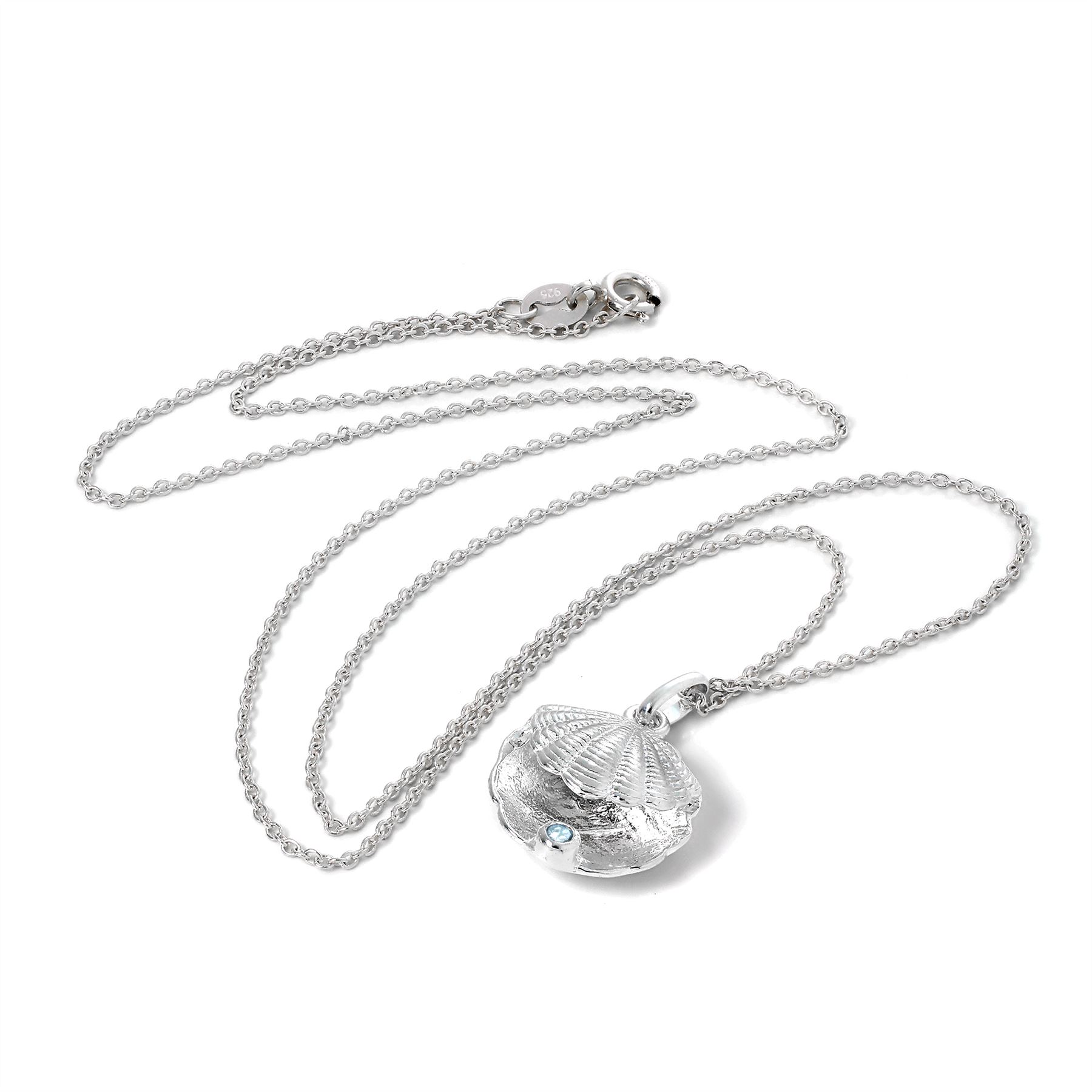 Sterling Silver Oyster Shell & Aquamarine CZ Birthstone Necklace 16-22 Inches - Picture 5 of 15