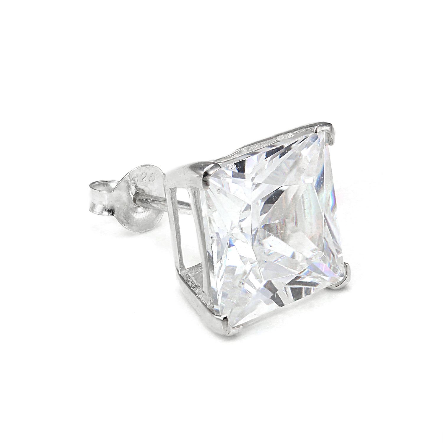 Sterling Silver Square CZ Crystal Mens Ear Stud / Single / Clear Black / 4-10mm - Picture 26 of 28