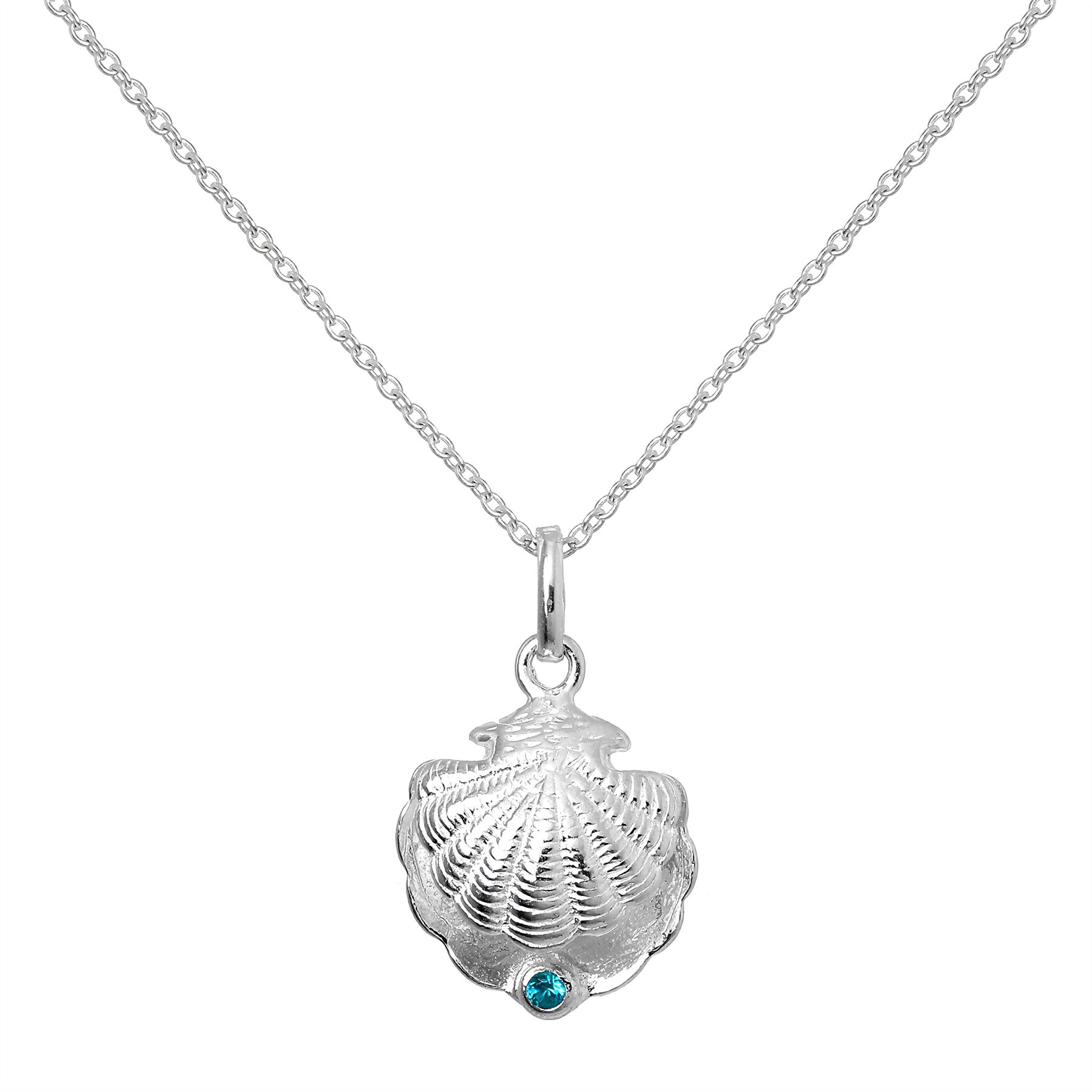 Sterling Silver Oyster Shell & Blue Zircon CZ Birthstone Necklace 16-22 Inches - Picture 13 of 15
