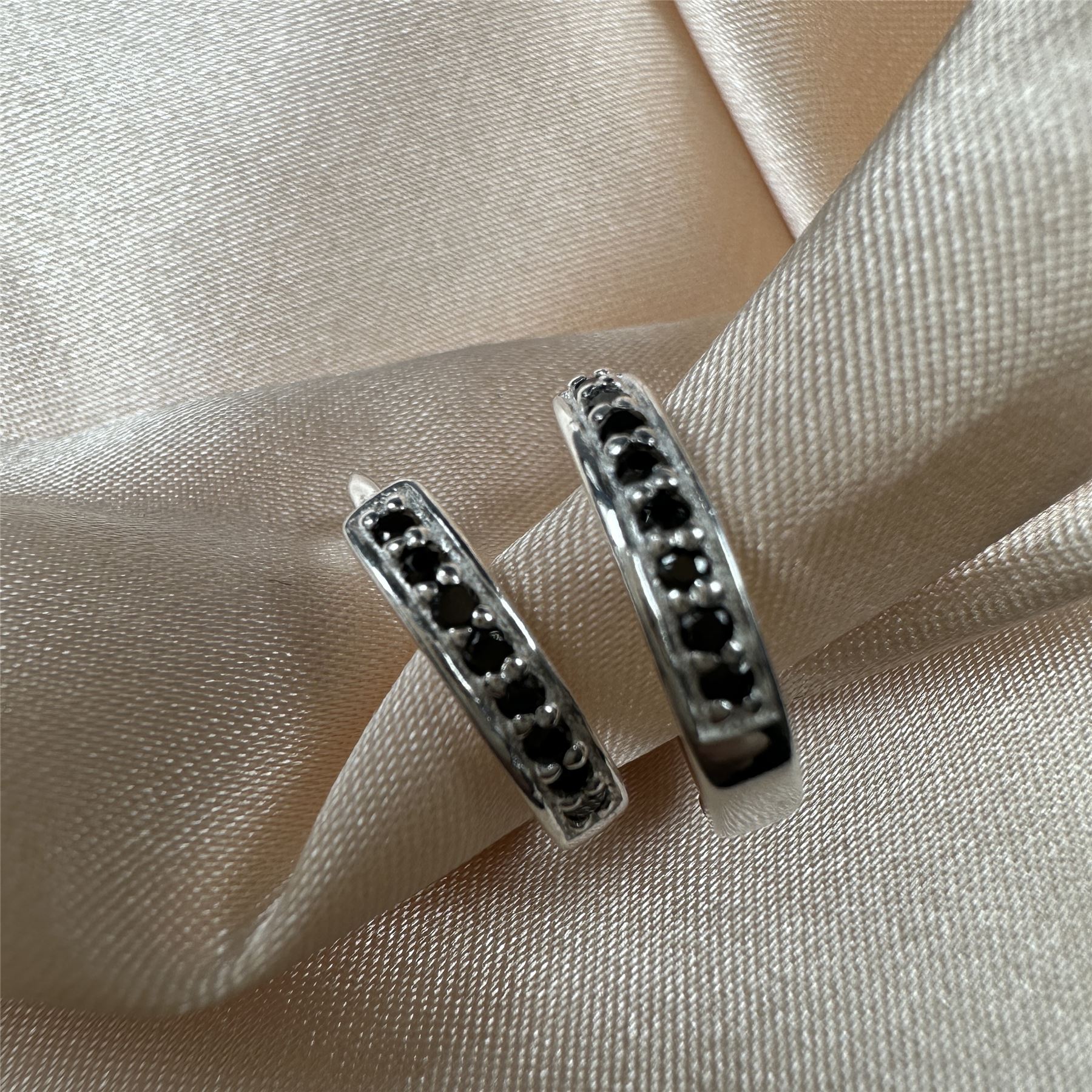 Sterling Silver Black CZ Pave Huggie 15mm Hoop Earrings