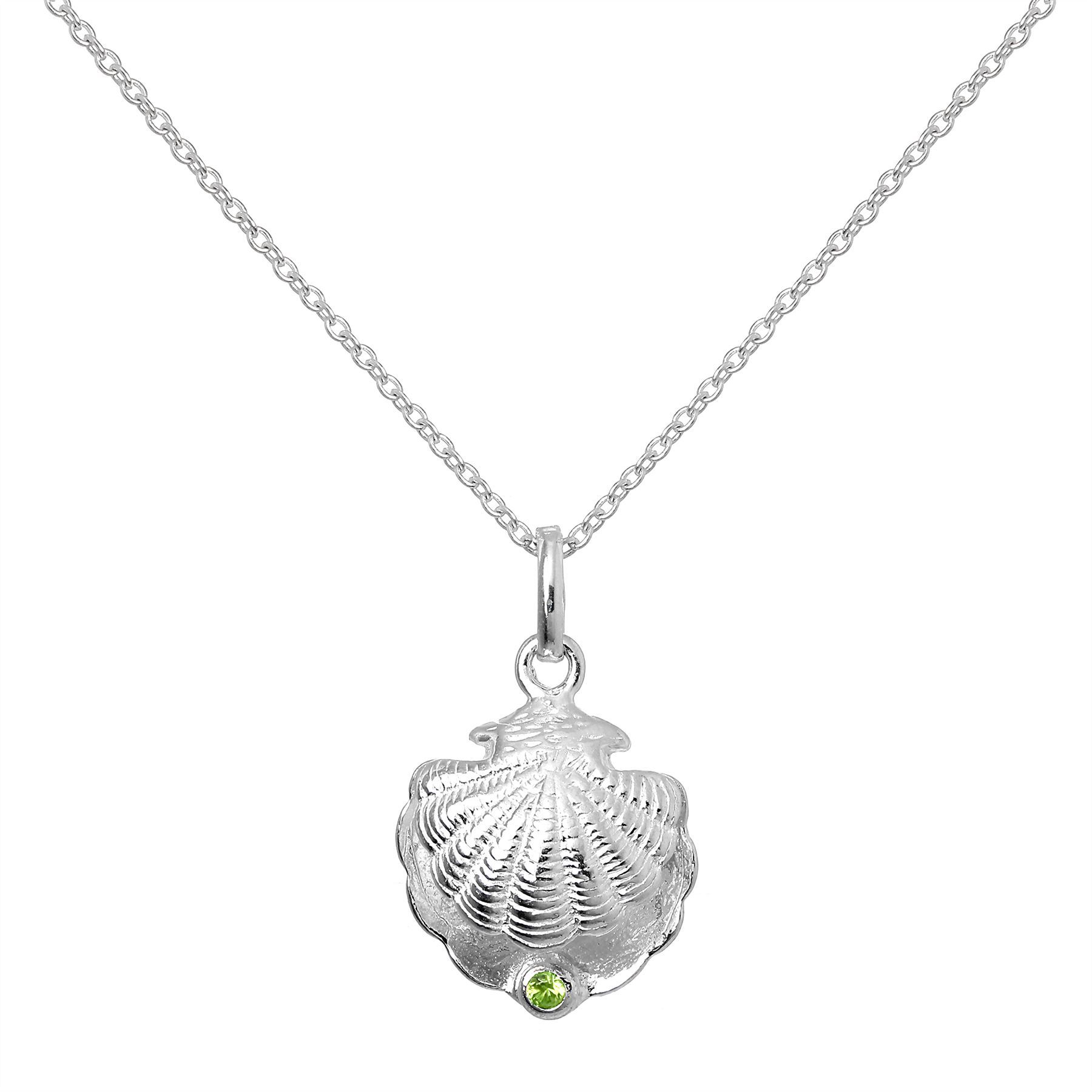 Sterling Silver Oyster Shell & Peridot CZ Birthstone Necklace 16 â 22 Inches - Picture 13 of 15