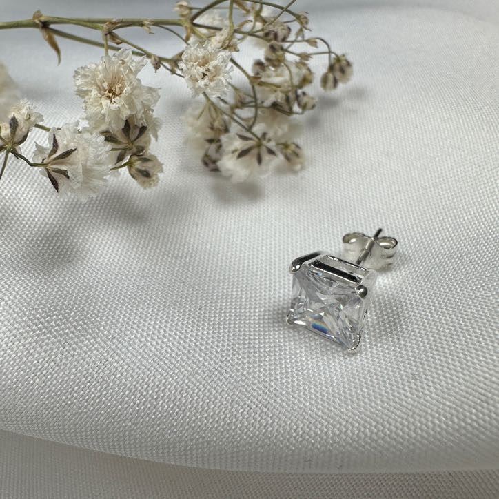 Sterling Silver Square CZ Crystal Mens Ear Stud / Single / Clear Black / 4-10mm - Picture 13 of 28