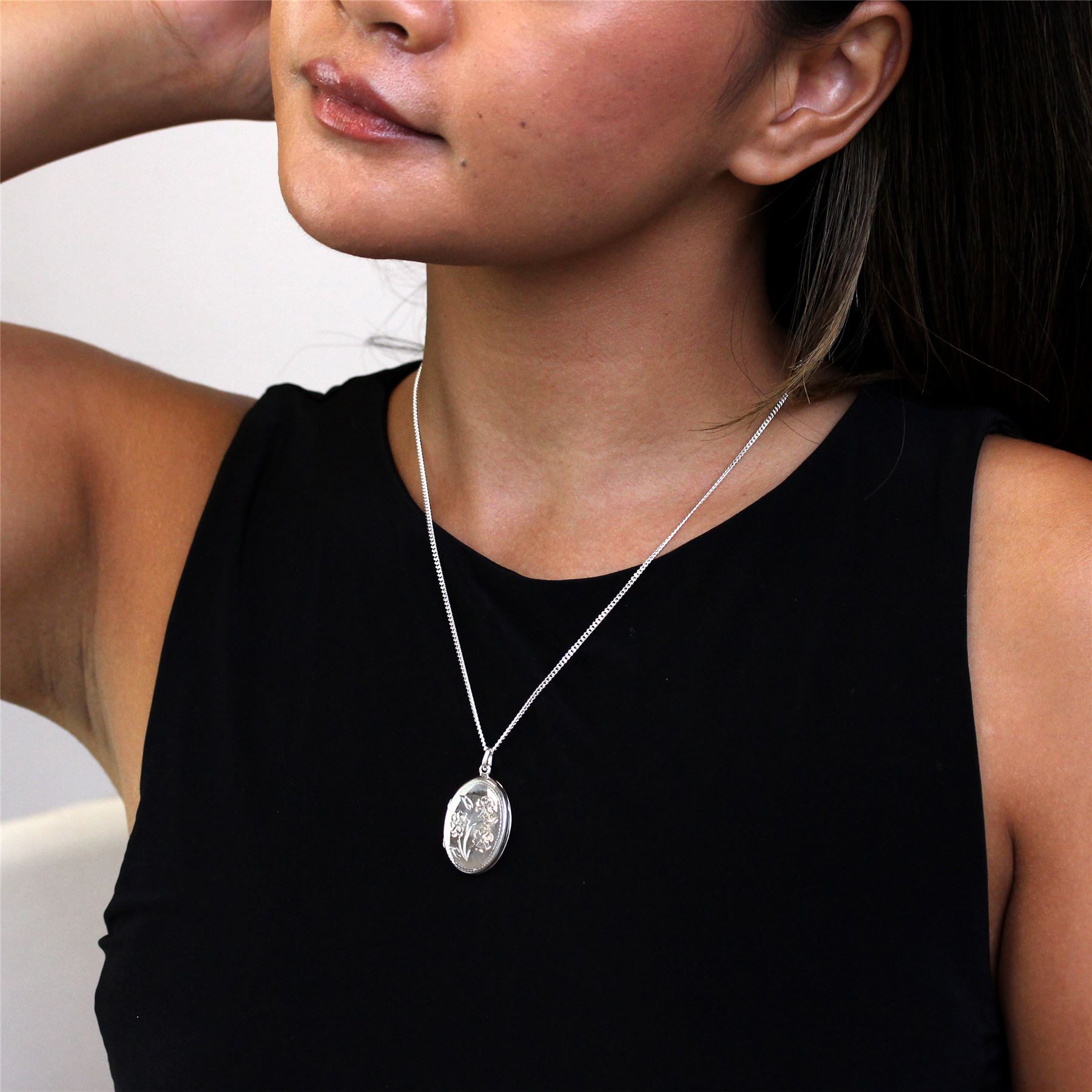 Sterling Silver Oval Flowers Locket on Chain 16 - 24 Inches