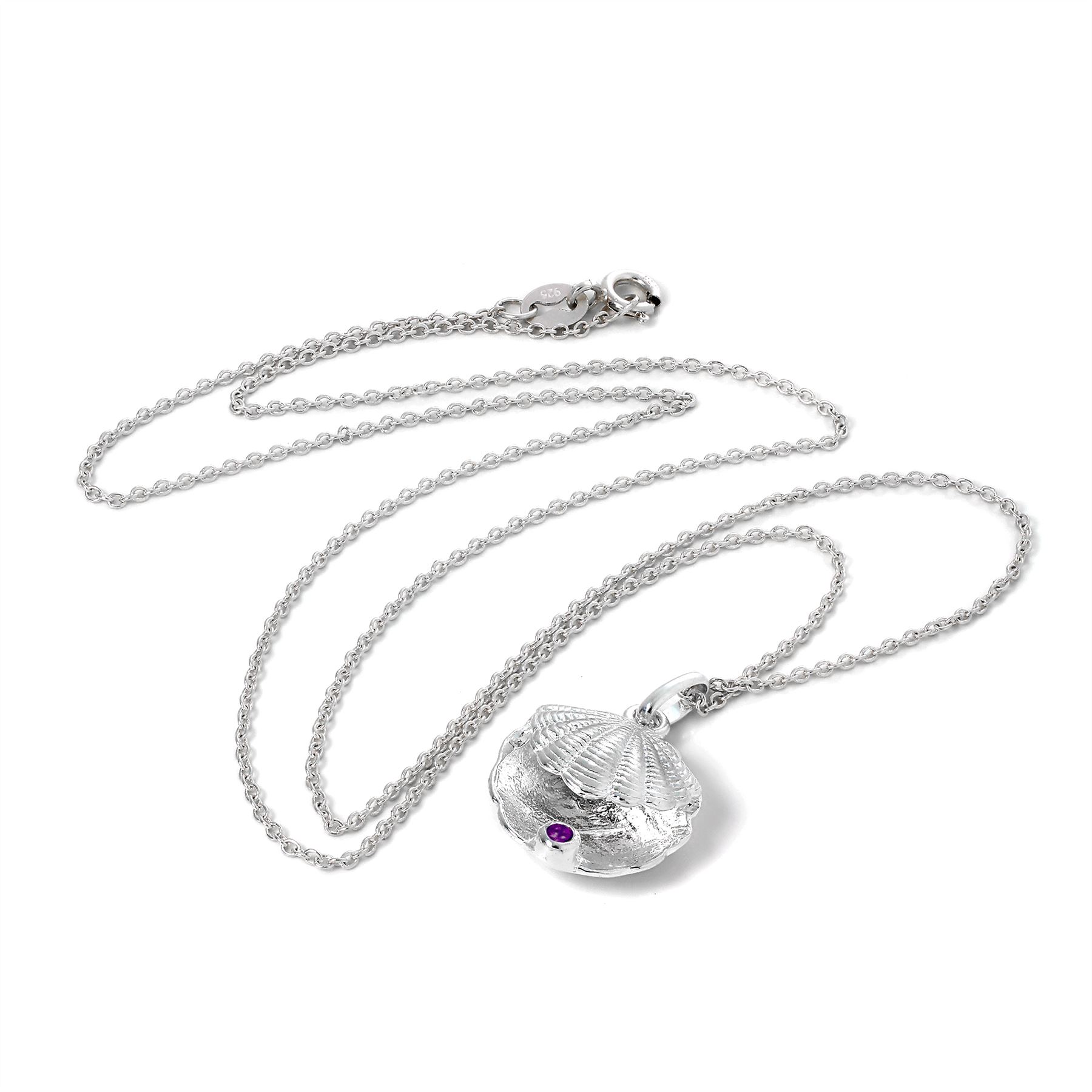 Sterling Silver Oyster Shell & Purple CZ Birthstone Necklace 16 - 22 Inches - Picture 6 of 15