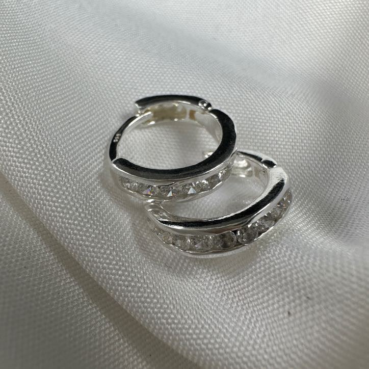 Sterling Silver CZ Channel Set Huggie 14mm Hoop Earrings