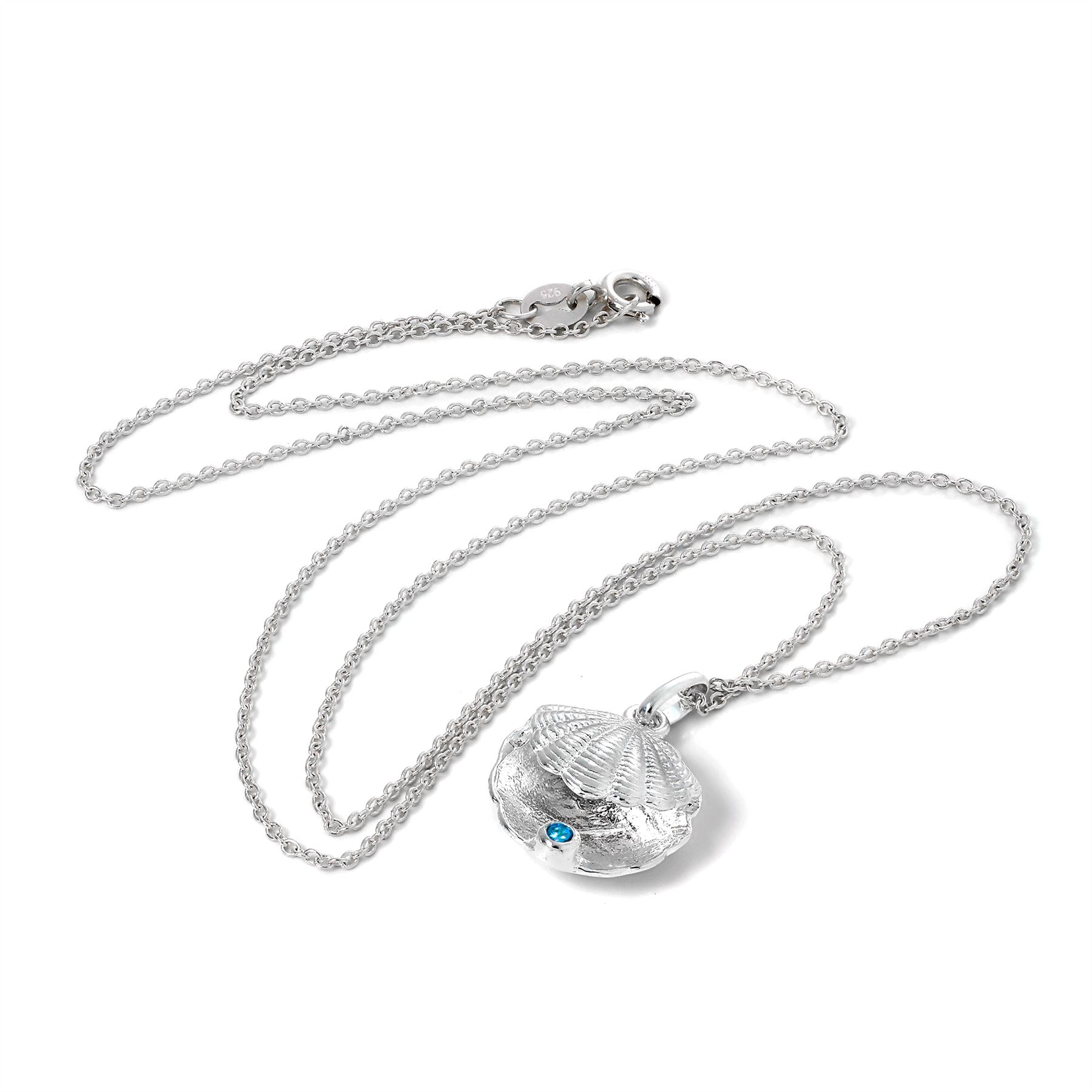 Sterling Silver Oyster Shell & Blue Zircon CZ Birthstone Necklace 16-22 Inches - Picture 9 of 15
